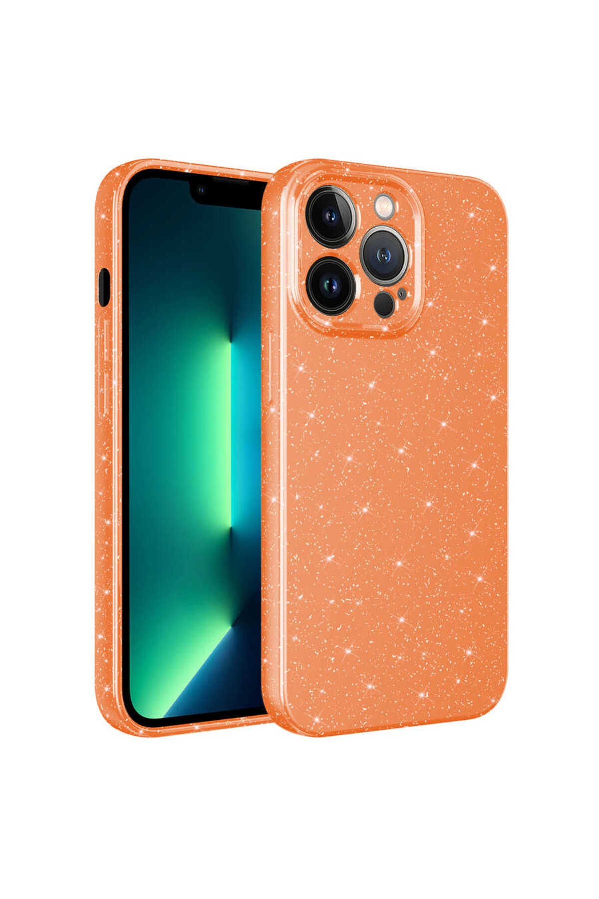 iPhone 12 Pro Max Uyumlu Kamera Korumalı Simli Lüks Zore Koton Kılıf-Turuncu