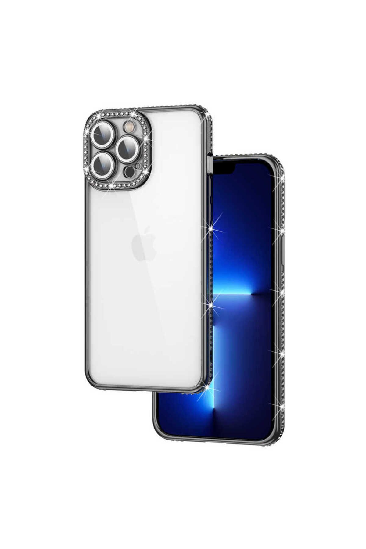 iPhone 12 Pro Max Uyumlu Kamera Korumalı Taşlı Zore Mina Kılıf-Siyah