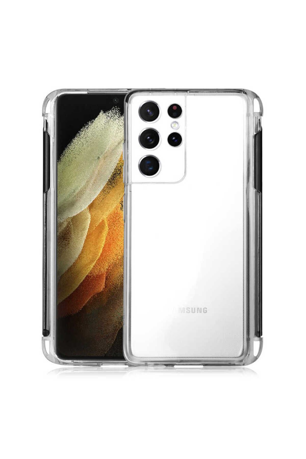 Galaxy S21 Ultra Uyumlu Zore Kalem Bölmeli Süper Silikon Kılıf-Renksiz