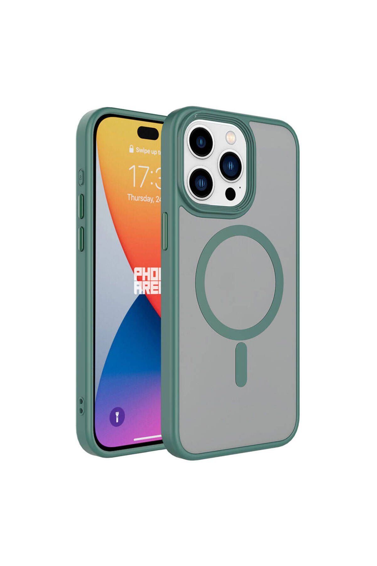 iPhone 15 Pro Uyumlu Mat Arka Yüzey Wireless Şarj Özellikli Zore Flet Magsafe Kılıf-Yeşil