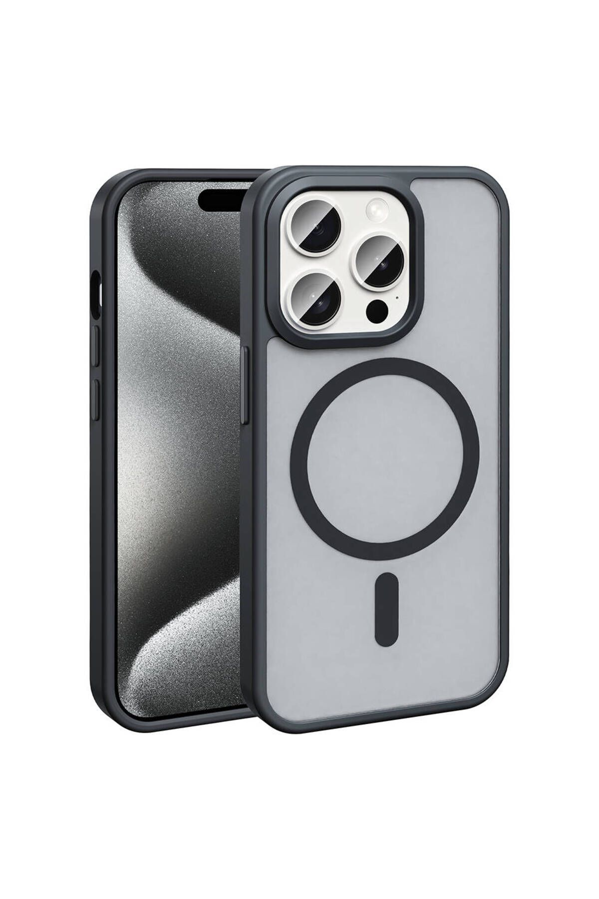 iPhone 15 Pro Max Kılıf Magsafe Şarj Özellikli Mat Arka Yüzey Zore Sio Kapak-Siyah
