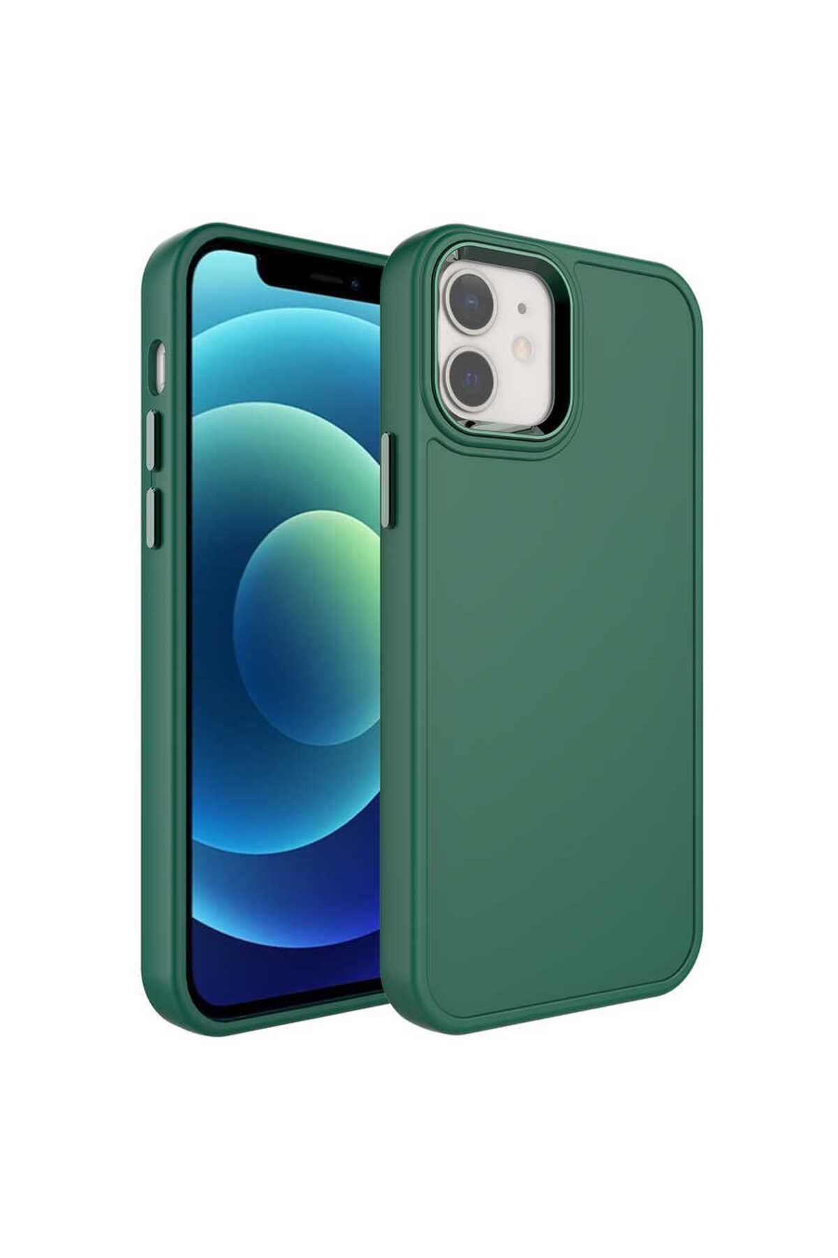 iPhone 11 Uyumlu Metal Çerçeve ve Buton Tasarımlı Sert Zore Botox Kılıf-Koyu Yeşil