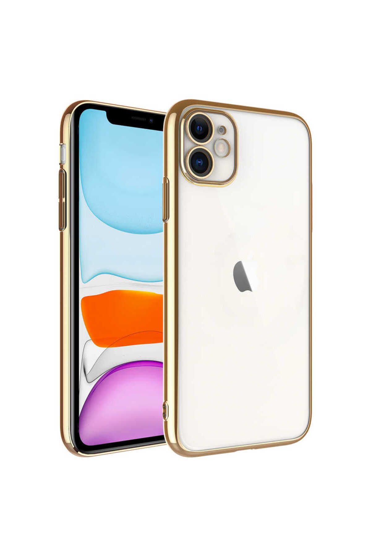 iPhone 11 Uyumlu Sert PC Renkli Çerçeveli Zore Riksos Kılıf-Gold