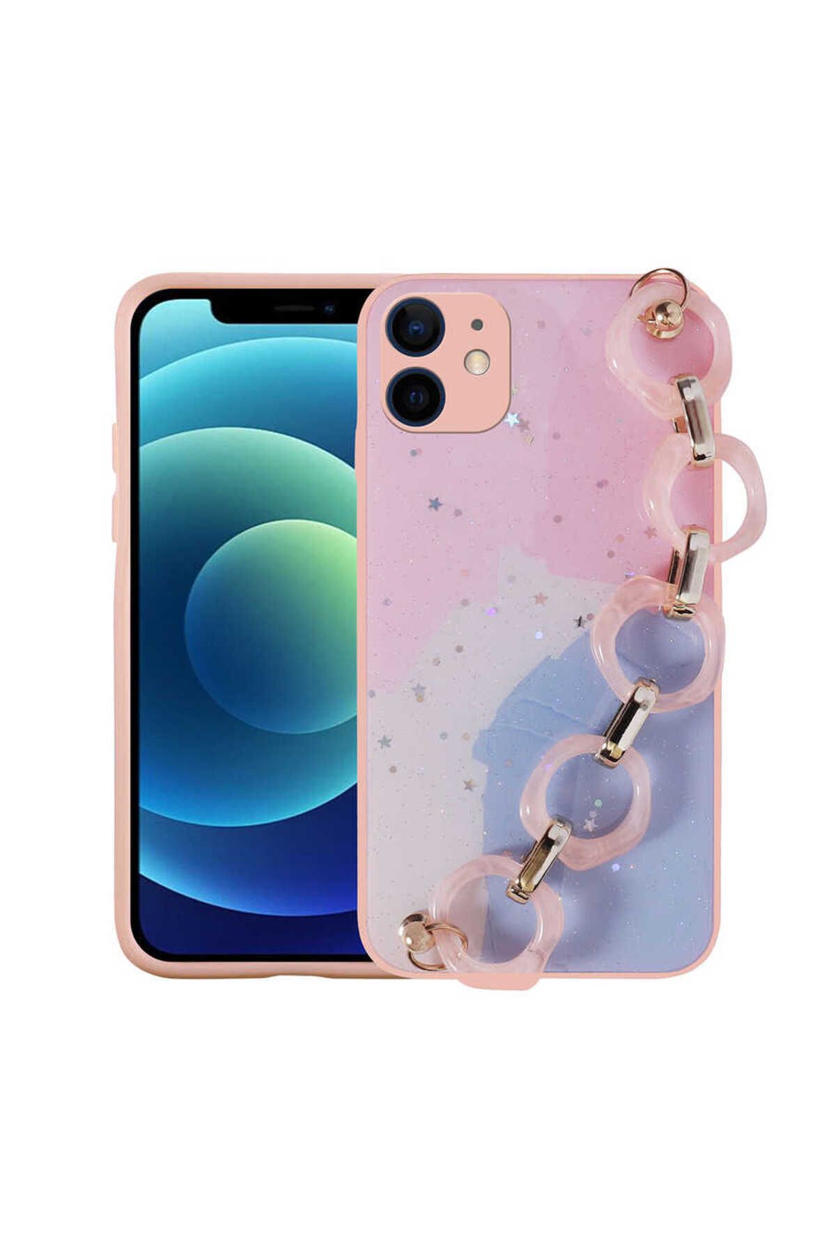 iPhone 11 Uyumlu Simli Desenli El Askılı Tutacaklı Zore Elsa Silikon Kılıf-Pembe
