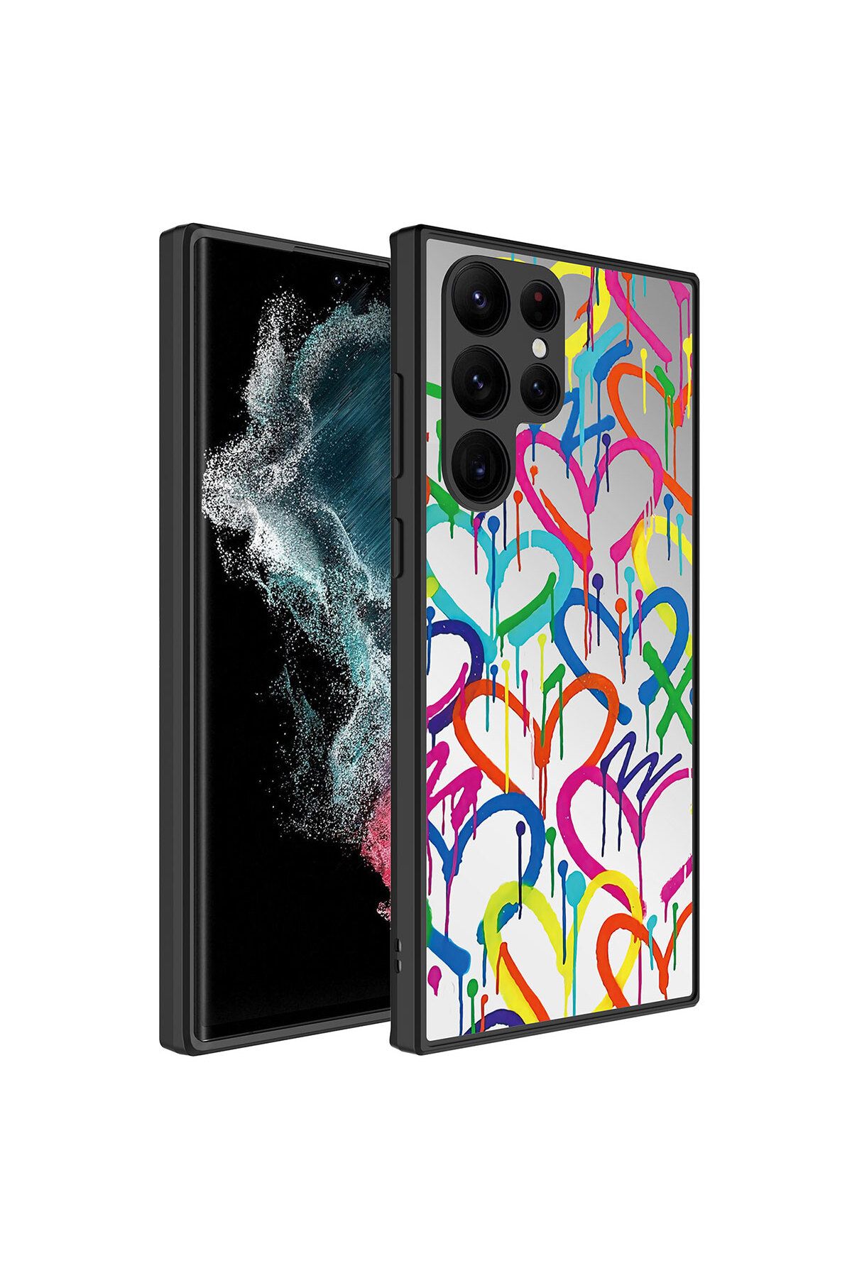 Galaxy S23 Ultra Uyumlu Aynalı Desenli Kamera Korumalı Parlak Zore Mirror Kılıf-Kalp