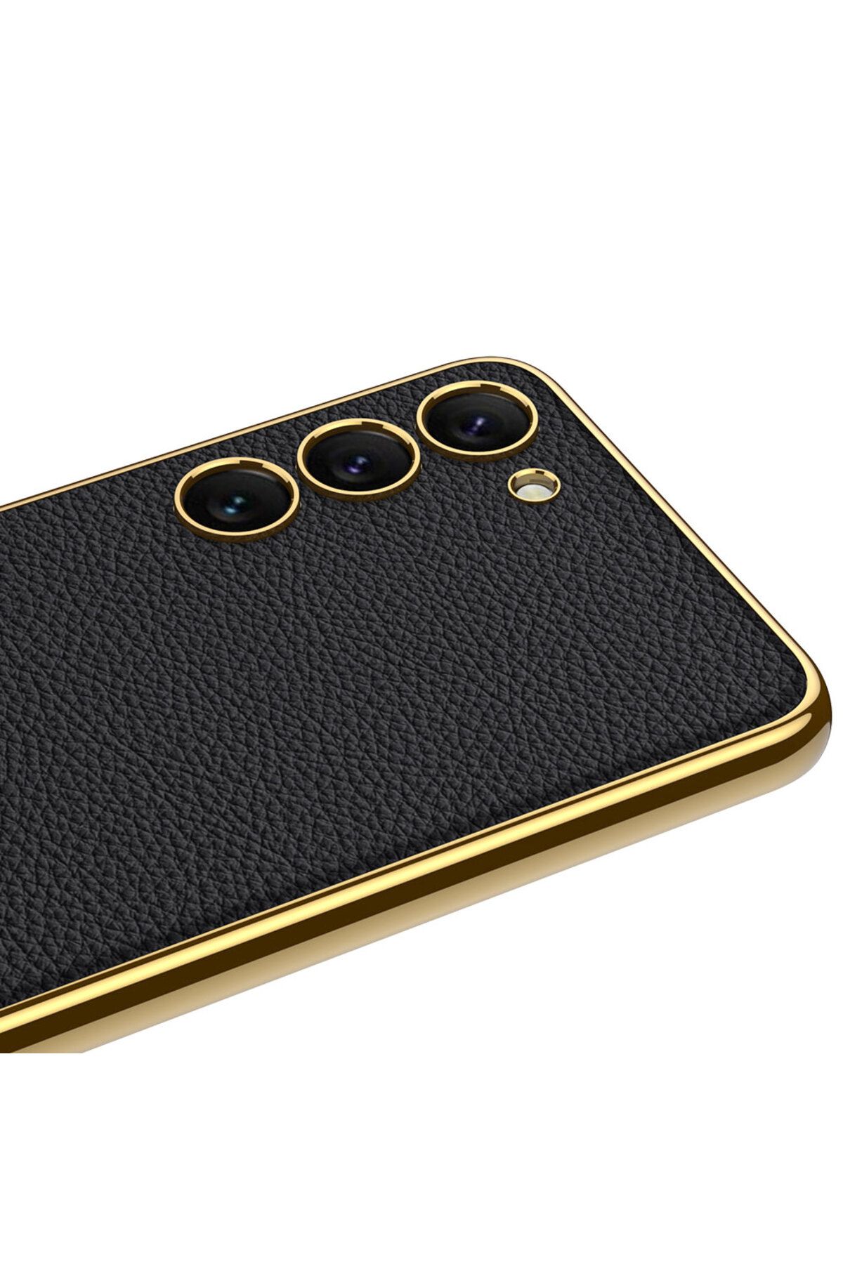 Galaxy S23 Uyumlu Deri Görünümlü Kenarları Elektroplating Kaplama Zore Fizyon Kılıf-Siyah