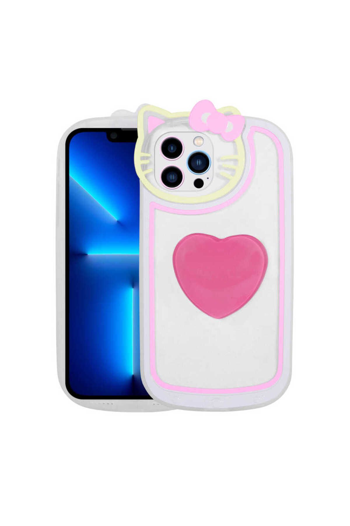 iPhone 12 Pro Max Uyumlu Kedi Figürlü Transparan Pop Soketli Zore Ritmik Kılıf-Pembe Koyu
