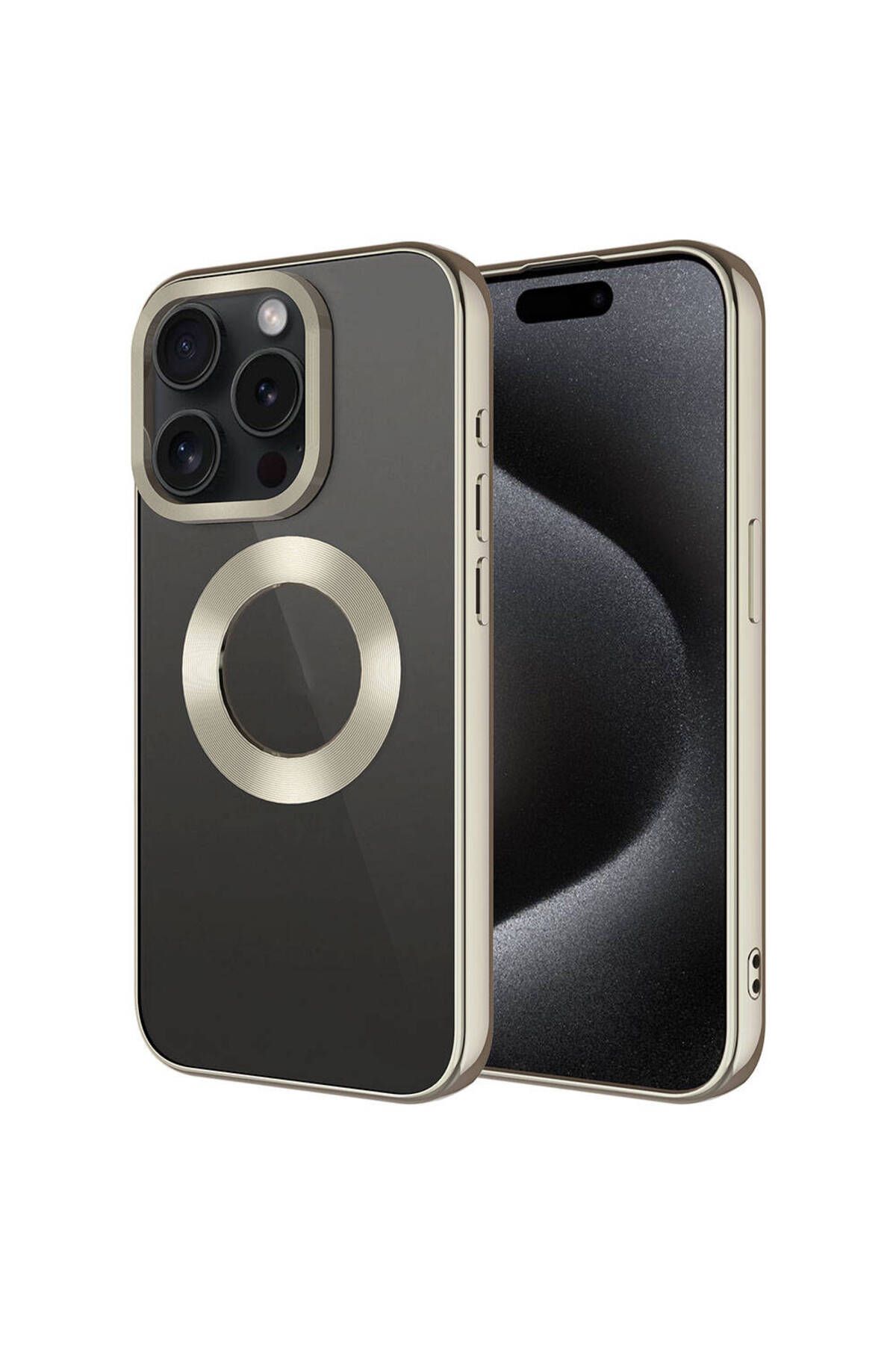 iPhone 15 Pro Uyumlu Tek Kamera Çerçeveli Logo Gösteren Zore Omega Kılıf-Titanyum