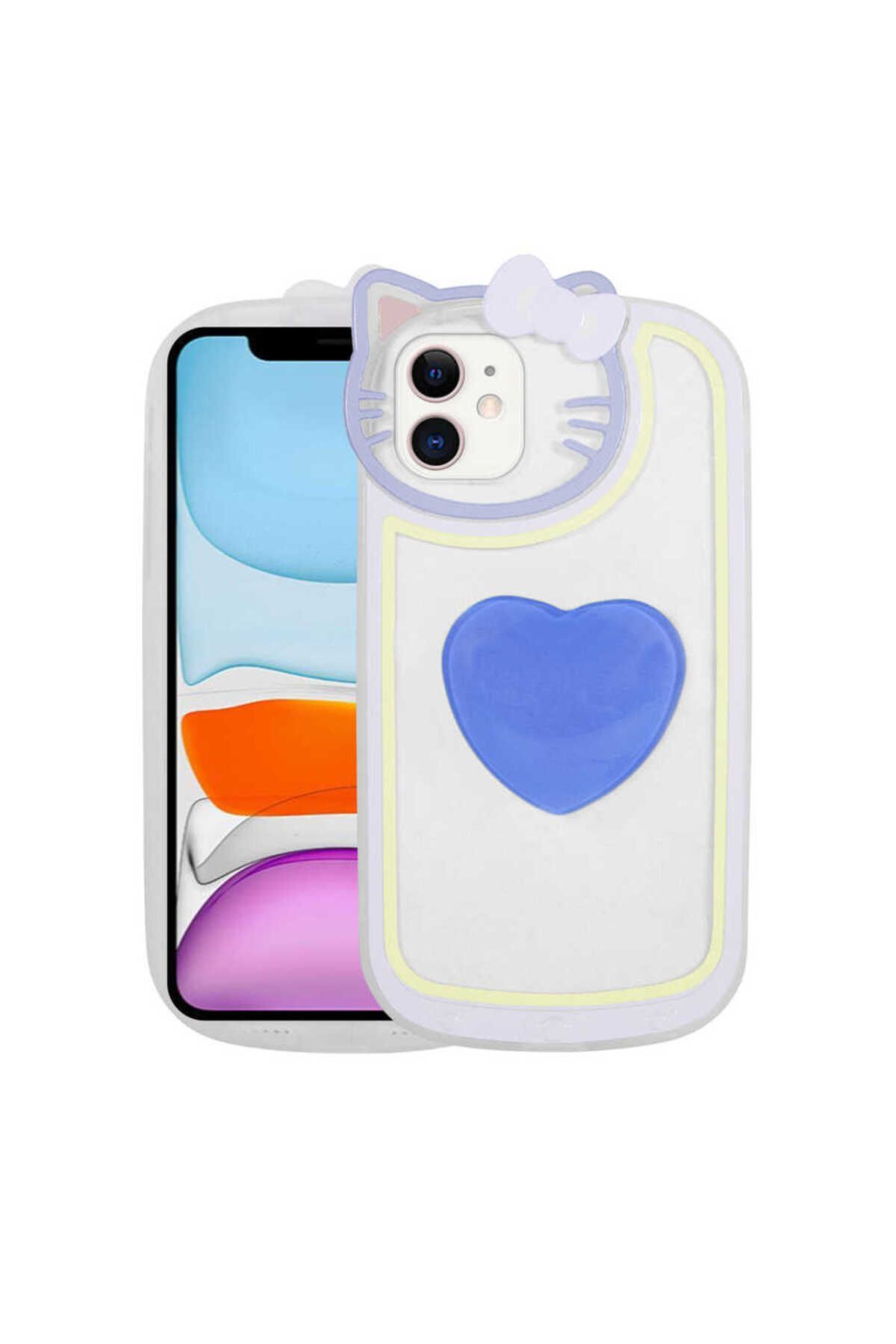 iPhone 11 Uyumlu Kedi Figürlü Transparan Pop Soketli Zore Ritmik Kılıf-Mavi