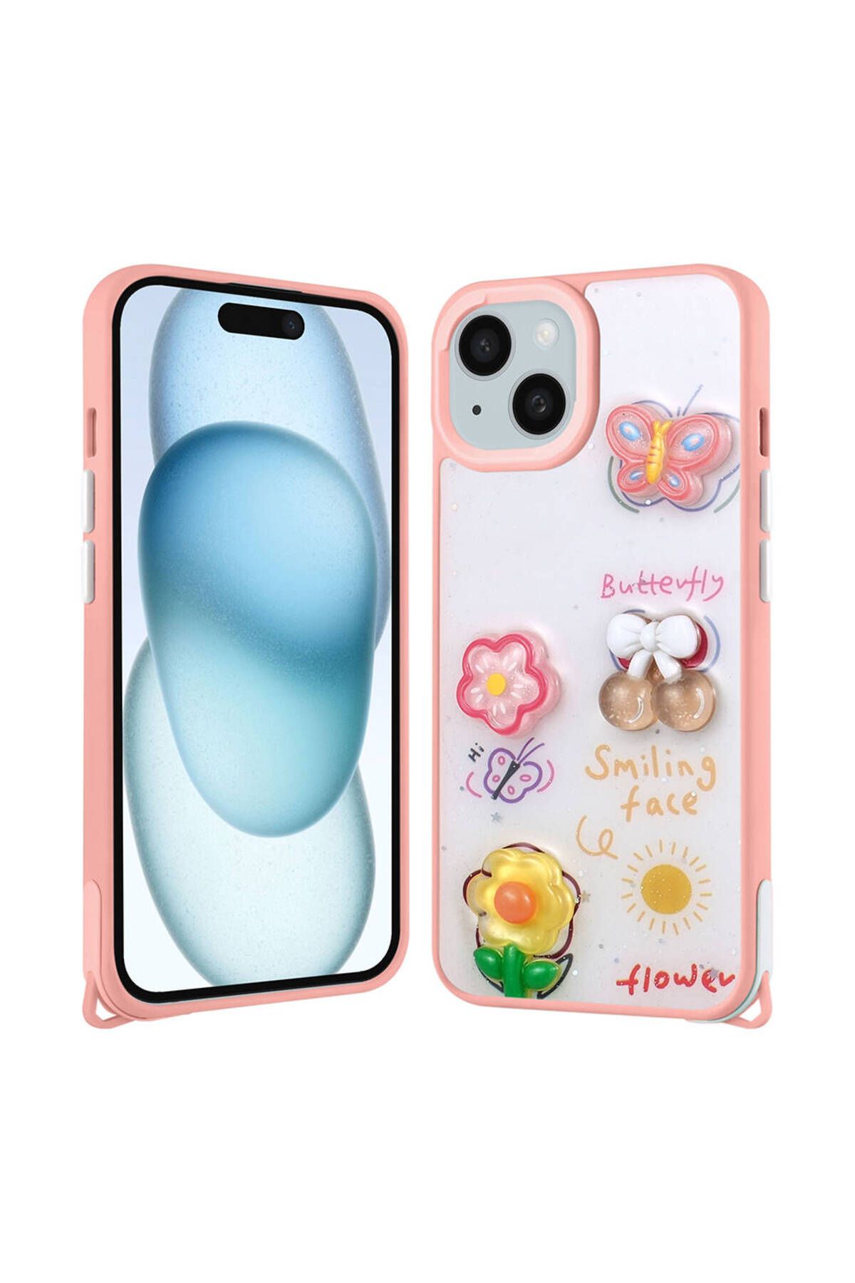 iPhone 15 Plus Kılıf Parlayan Sıvılı Simli Kabartma Figürlü Zore Cevze Kapak-Pembe