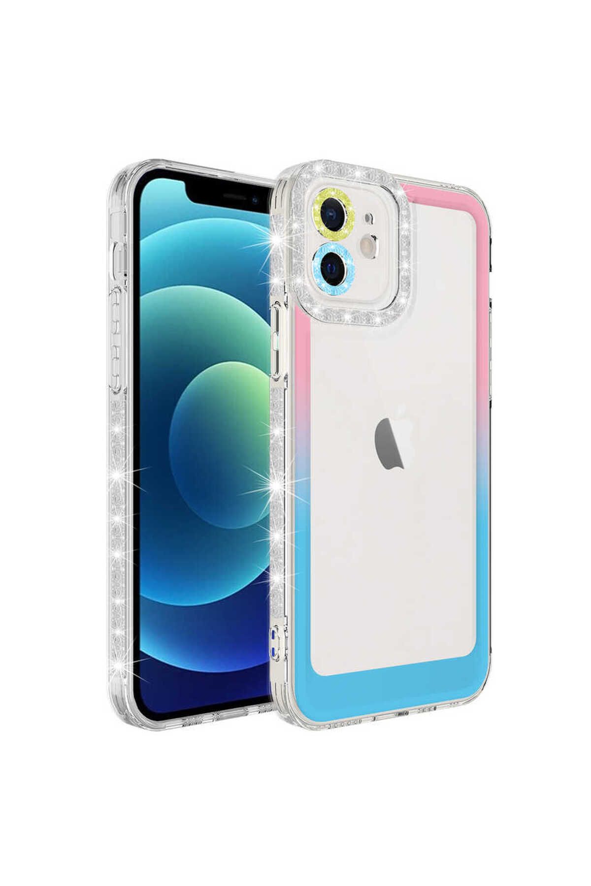 iPhone 11 Uyumlu Simli ve Renk Geçiş Tasarımlı LZore Korumalı Zore Park Kılıf-Pembe-Mavi
