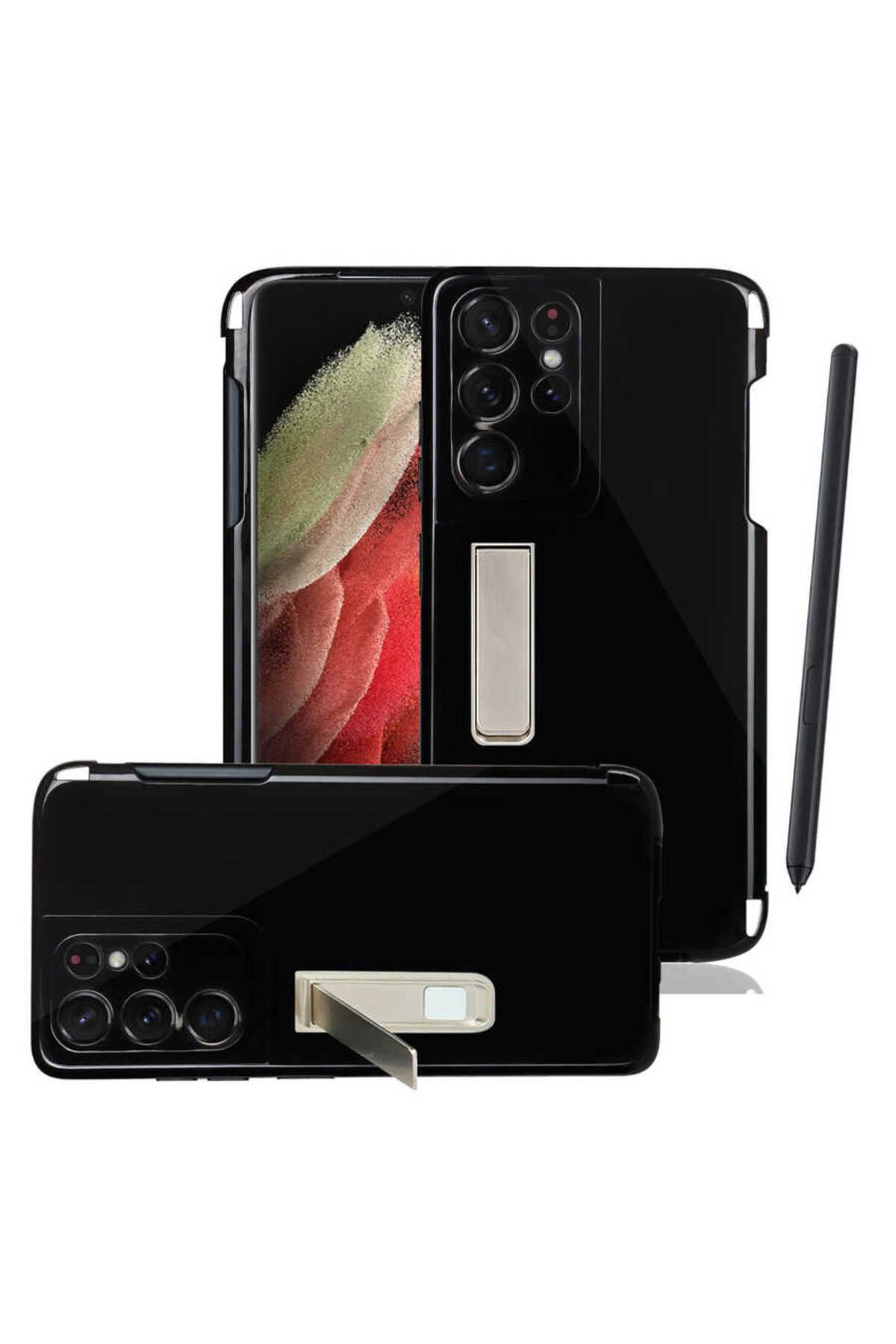 Galaxy S21 Ultra Uyumlu Zore Kalem Bölmeli Standlı Süper Silikon Kılıf-Siyah