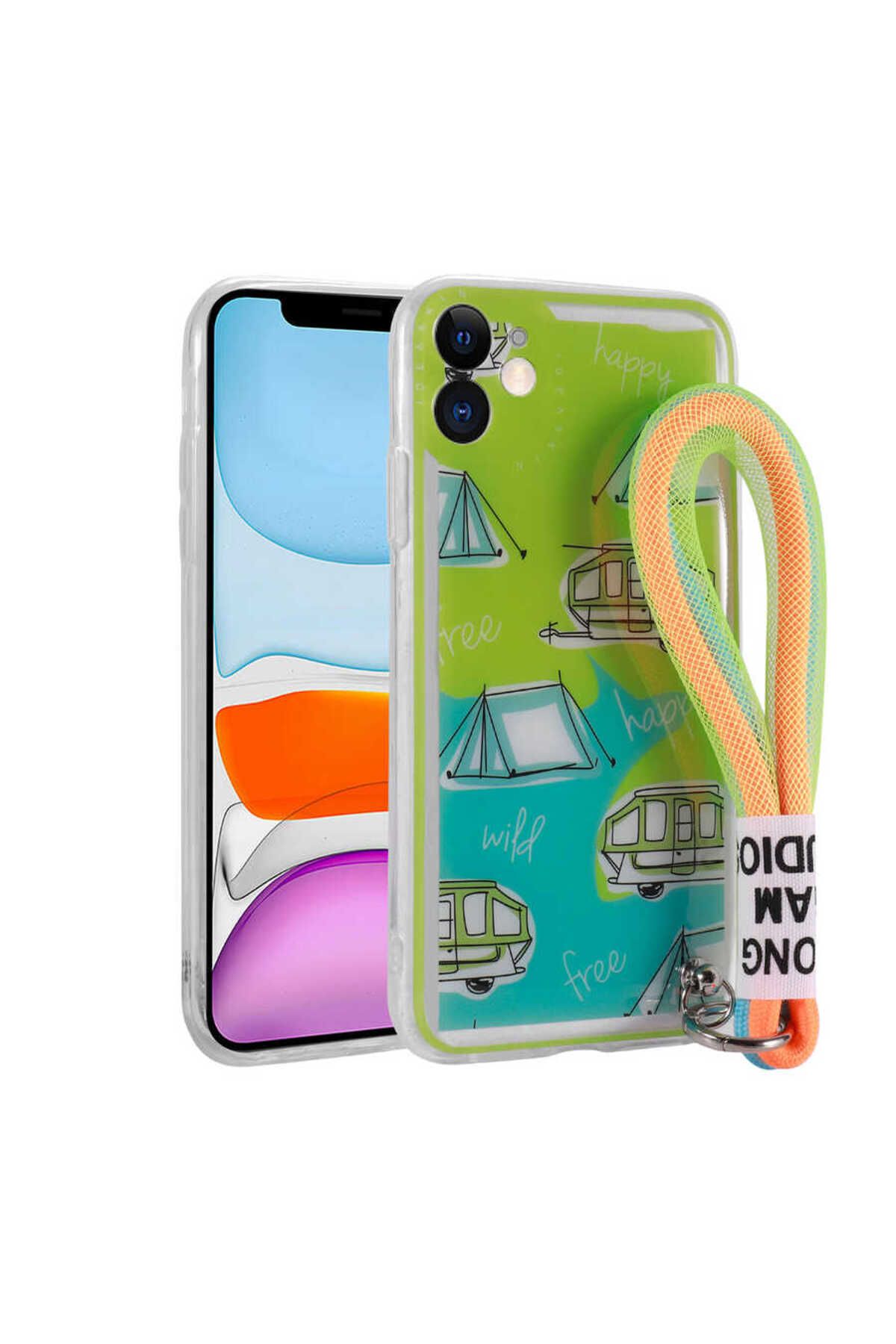 iPhone 11 Uyumlu Desenli El Askılı İpli Zore Astana Silikon Kılıf-Kamp