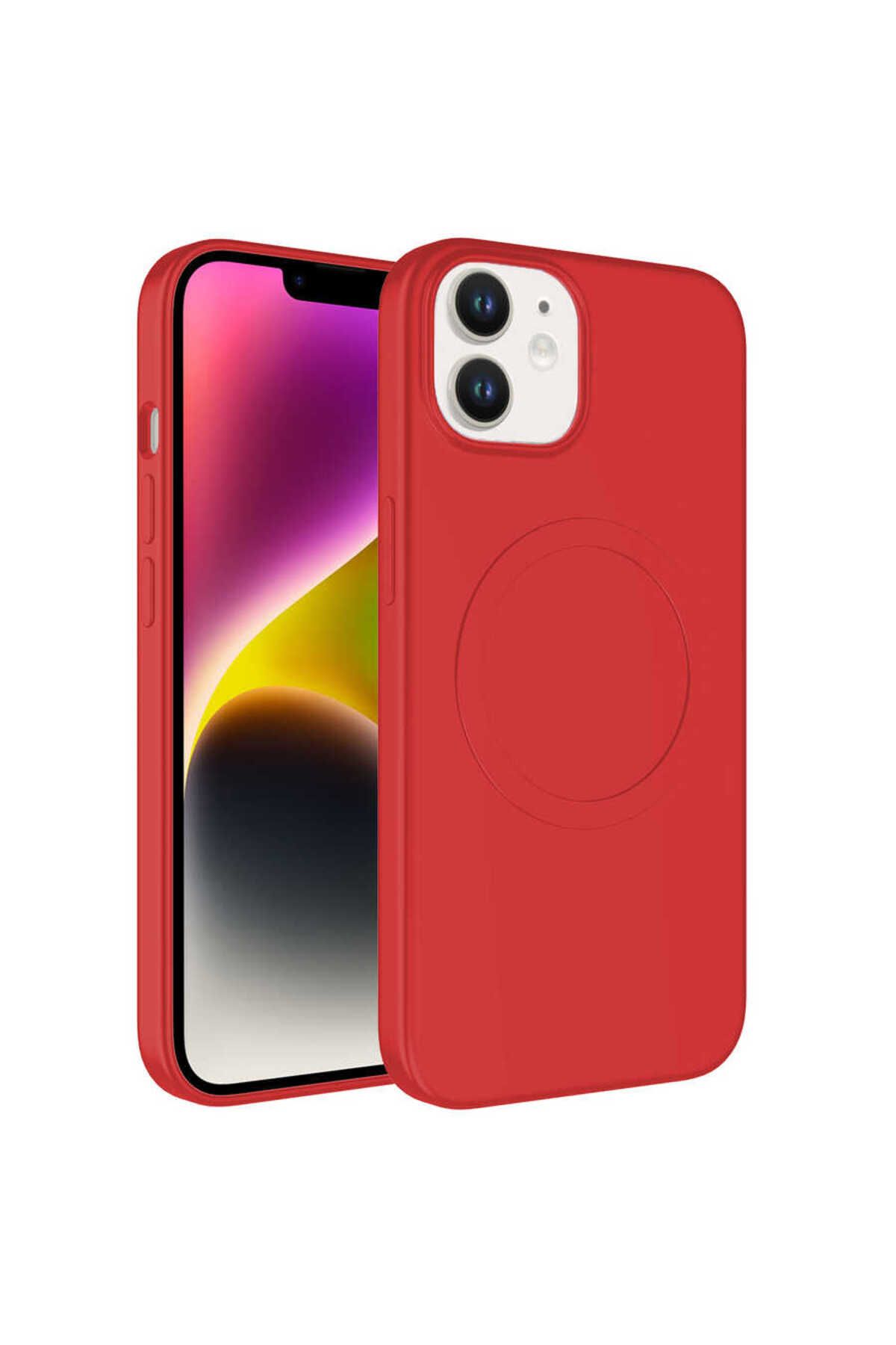 iPhone 11 Uyumlu Magsafe Wireless Şarj Özellikli Pastel Renk Silikon Zore Plas Kılıf-Kırmızı