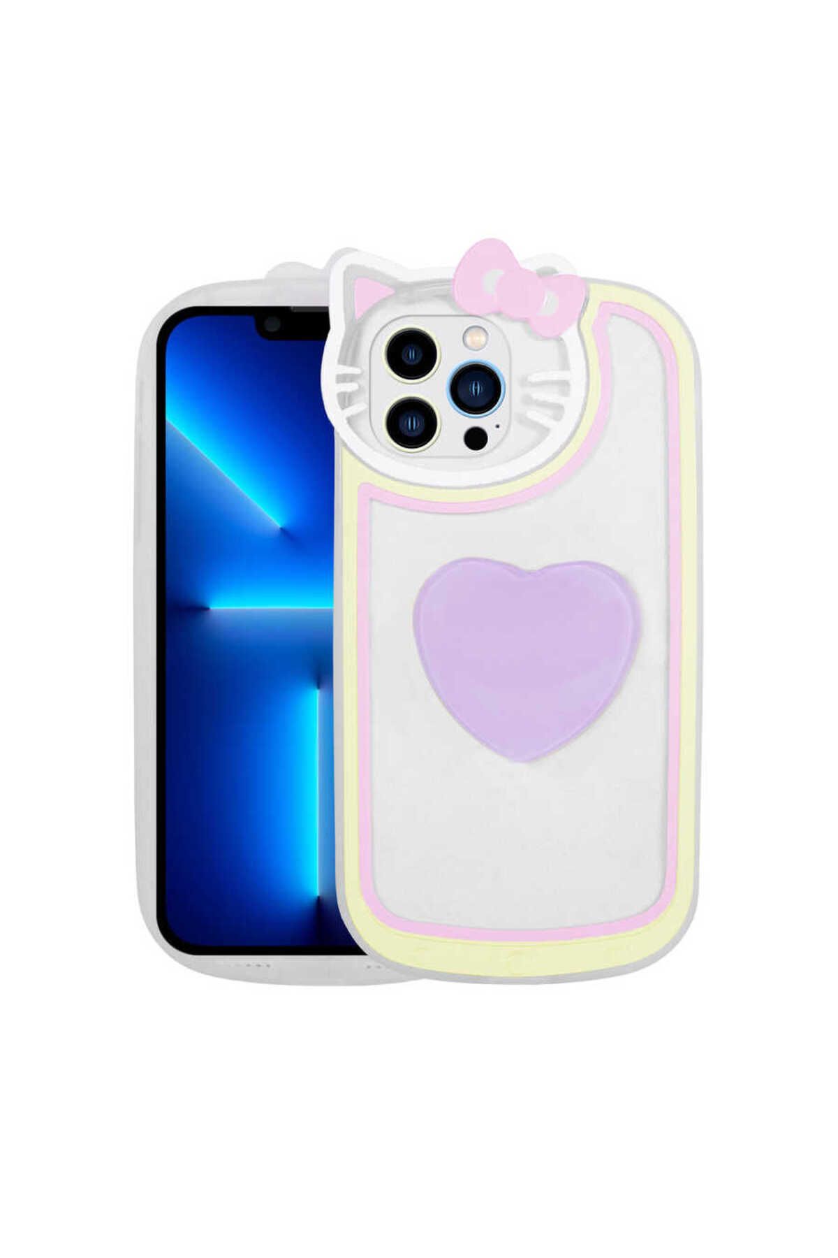 iPhone 12 Pro Max Uyumlu Kedi Figürlü Transparan Pop Soketli Zore Ritmik Kılıf-Lila