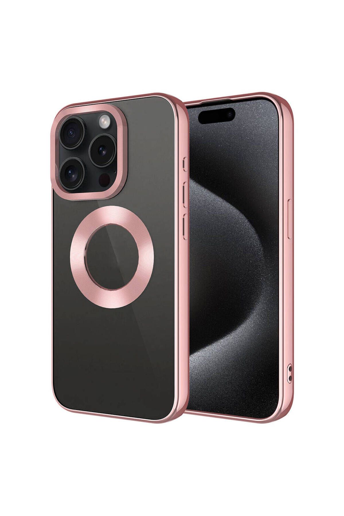 iPhone 15 Pro Uyumlu Tek Kamera Çerçeveli Logo Gösteren Zore Omega Kılıf-Rose Gold
