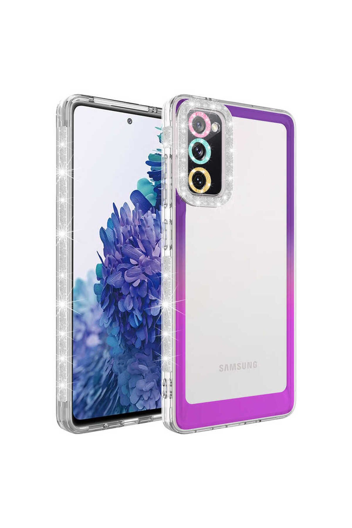 Galaxy S20 FE Uyumlu Simli ve Renk Geçiş Tasarımlı LZore Korumalı Zore Park Kılıf-Mor-Pembe