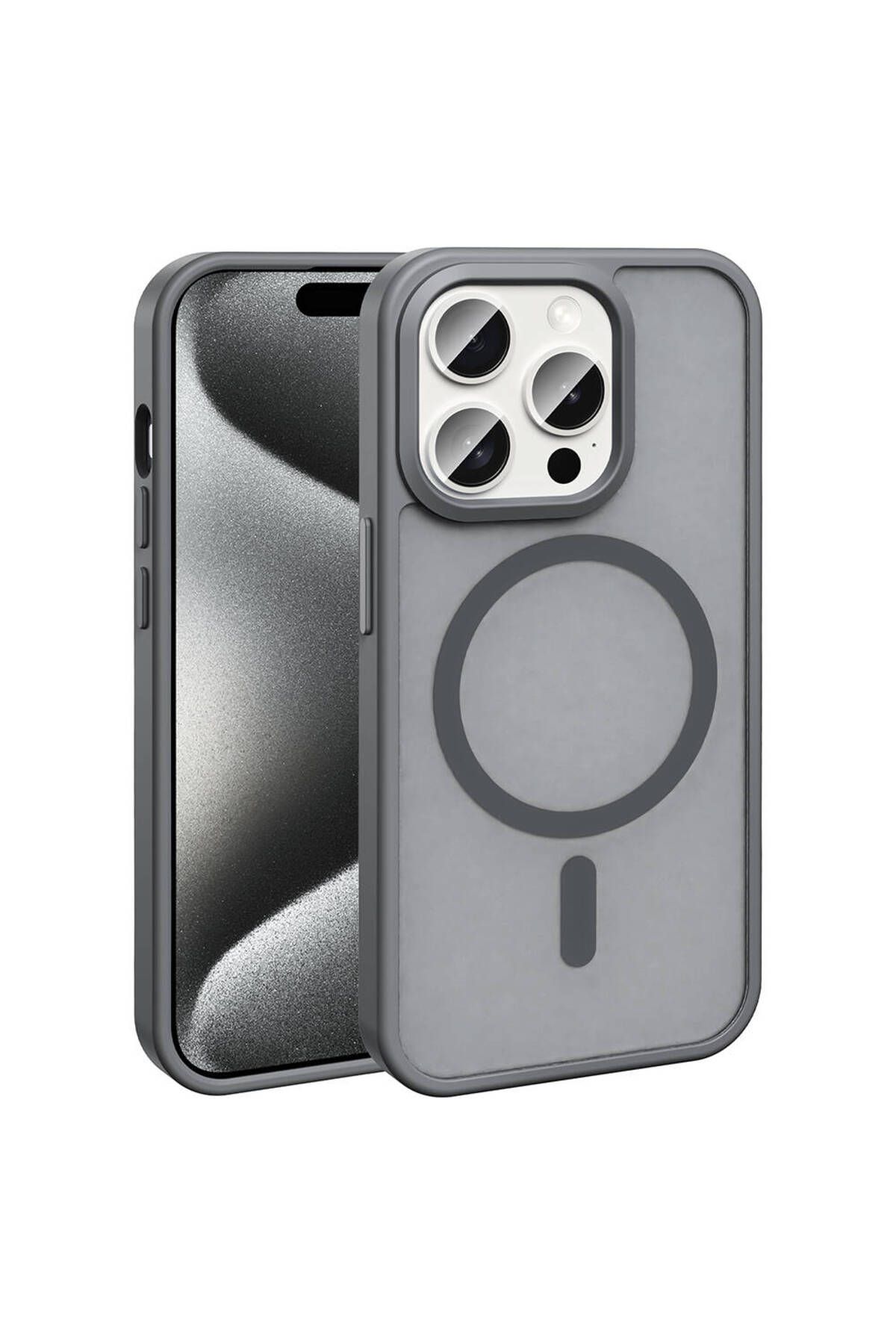 iPhone 15 Pro Max Kılıf Magsafe Şarj Özellikli Mat Arka Yüzey Zore Sio Kapak-Gri