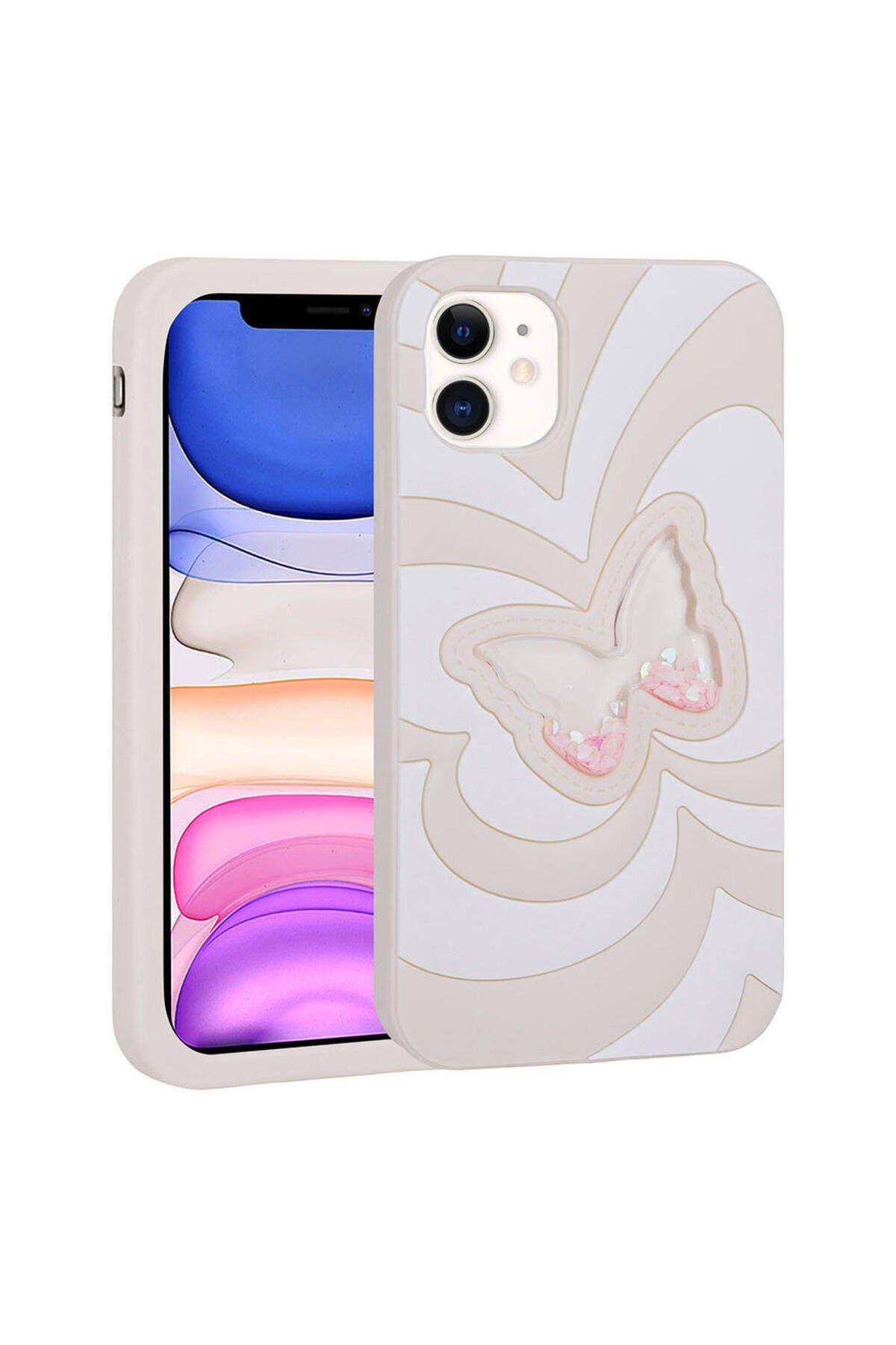 iPhone 11 Uyumlu Sıvılı Simli Kelebekli Tasarım Zore Vodena Kılıf-Beyaz