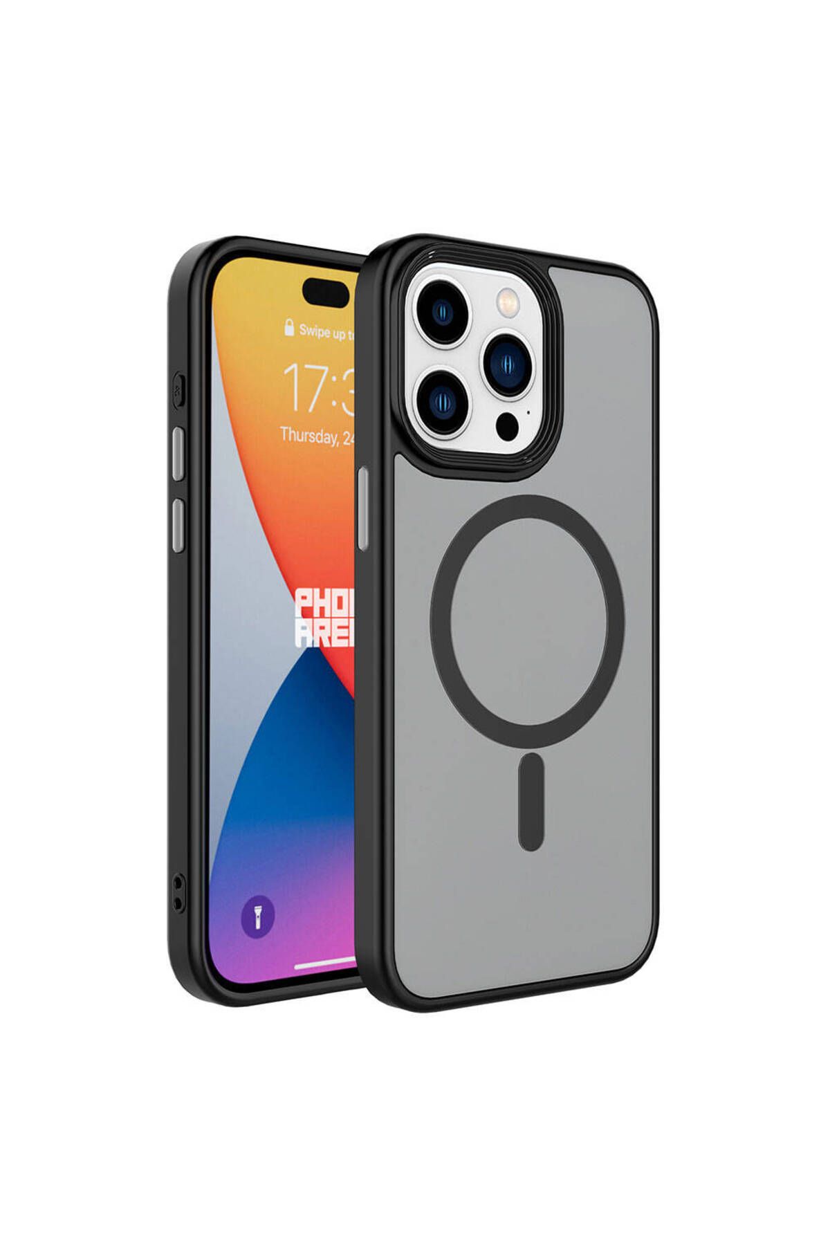 iPhone 15 Pro Uyumlu Mat Arka Yüzey Wireless Şarj Özellikli Zore Flet Magsafe Kılıf-Siyah
