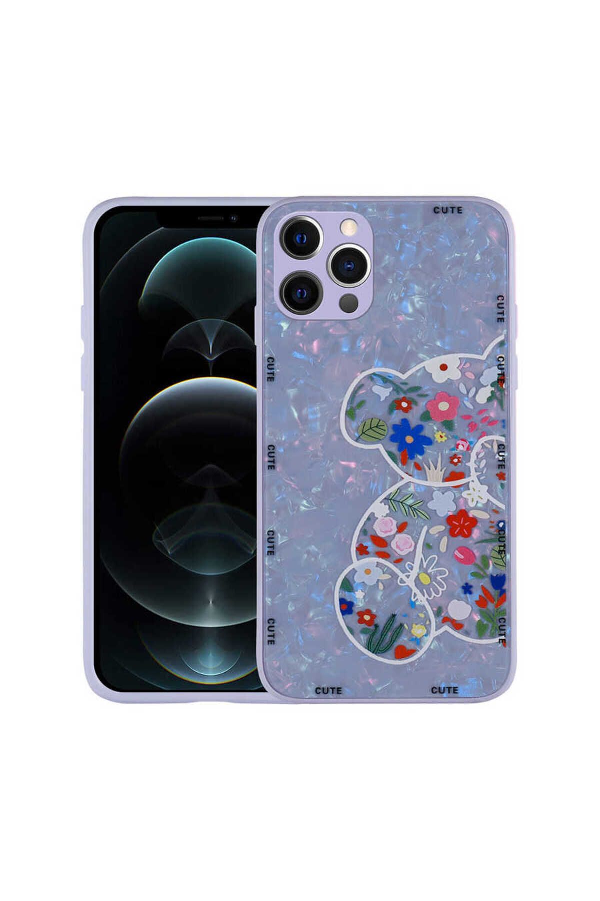 iPhone 12 Pro Max Uyumlu Desenli Sert Silikon CSK Zore Mumila Kılıf-Lilac Bear