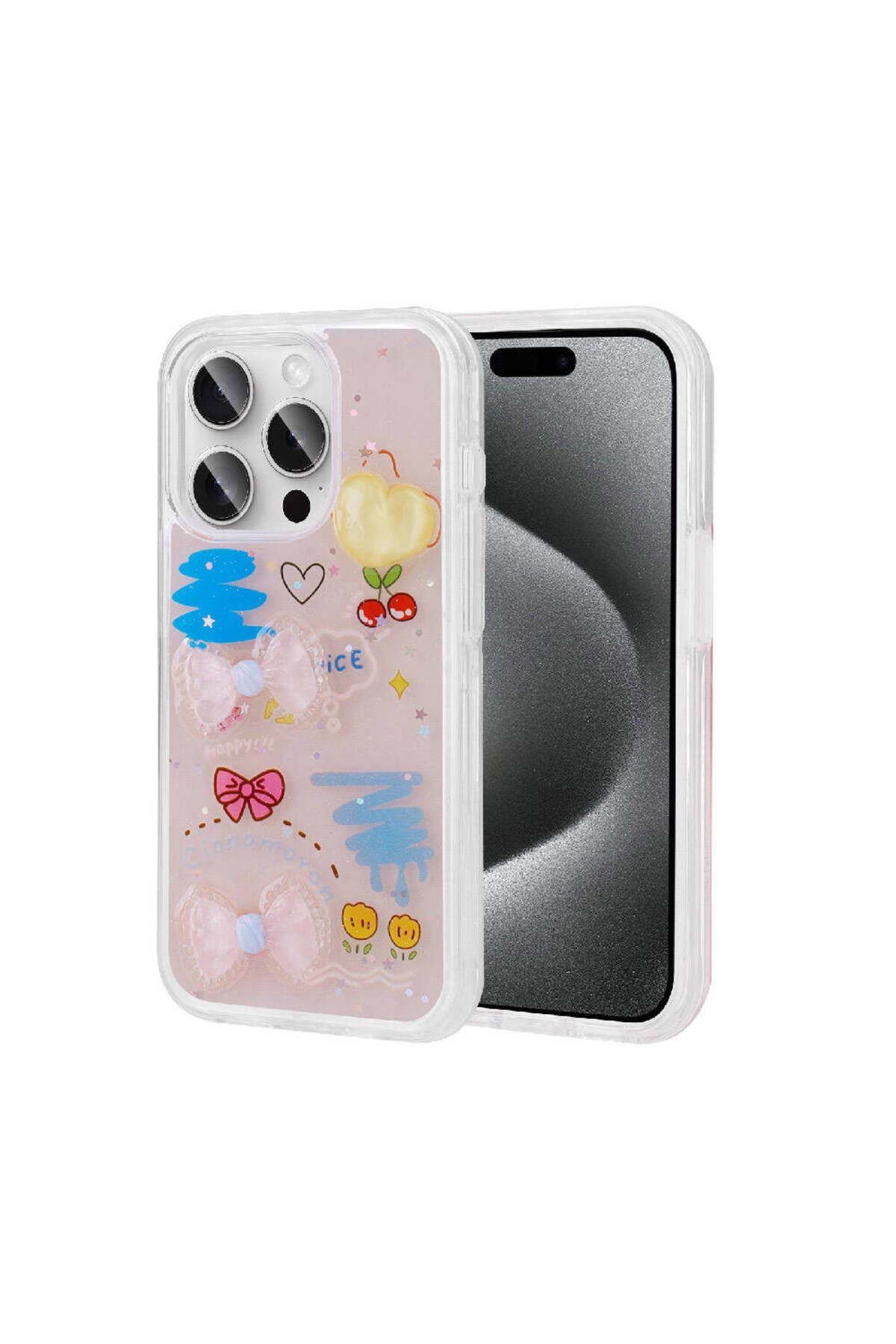 iPhone 15 Pro Uyumlu Kabartma Figürlü Parlak Zore Minimini Silikon Kılıf-Pembe