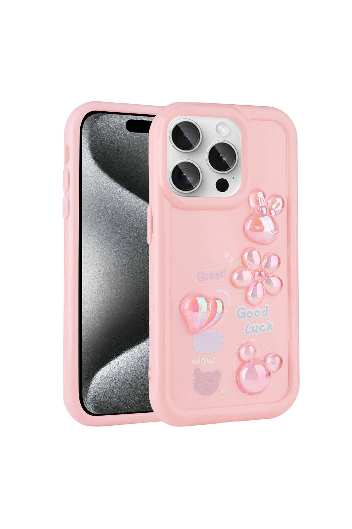 iPhone 15 Pro Max Uyumlu Kabartma Figürlü Parlak CSK Zore Toys Silikon Kılıf-Pembe