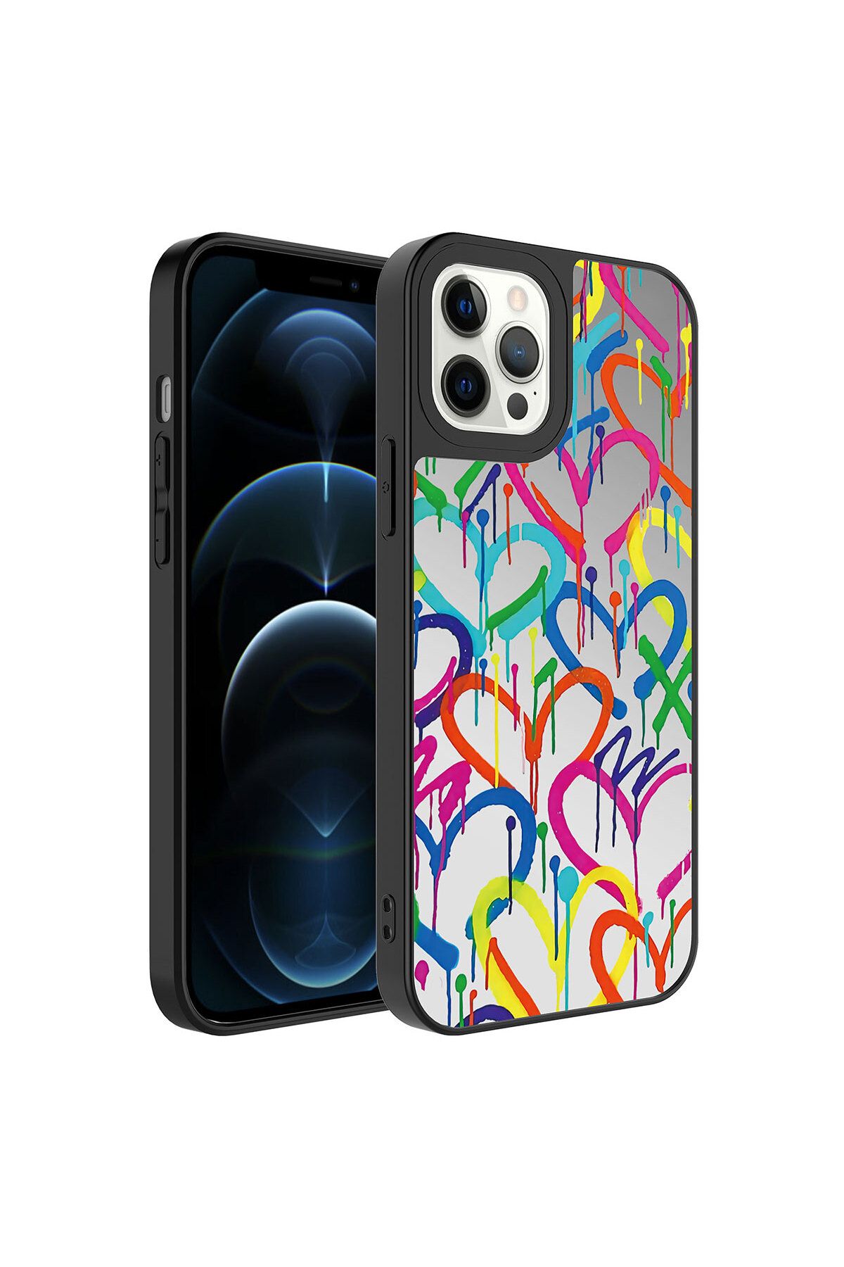 iPhone 12 Pro Max Uyumlu Aynalı Desenli Kamera Korumalı Parlak Zore Mirror Kılıf-Kalp