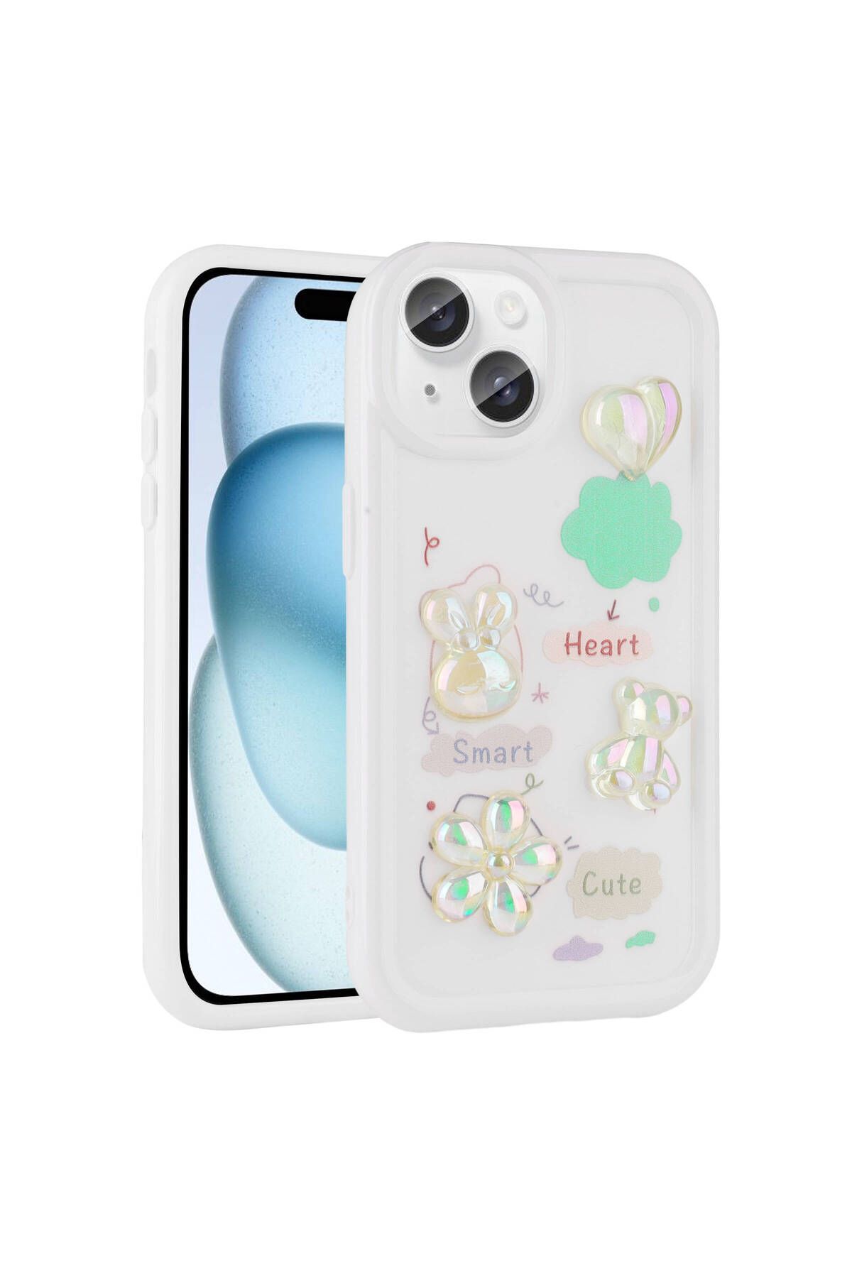 iPhone 15 Uyumlu Kabartma Figürlü Parlak Zore Toys Silikon Kılıf-Beyaz
