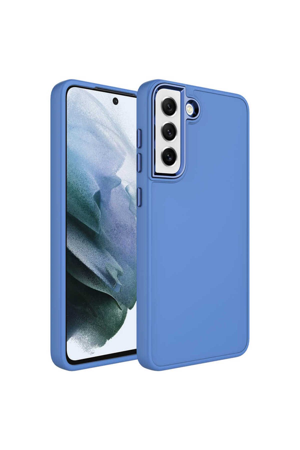 Galaxy S21 FE Uyumlu Metal Çerçeve ve Buton Tasarımlı Silikon Zore Luna Kılıf-Lavendery Gray