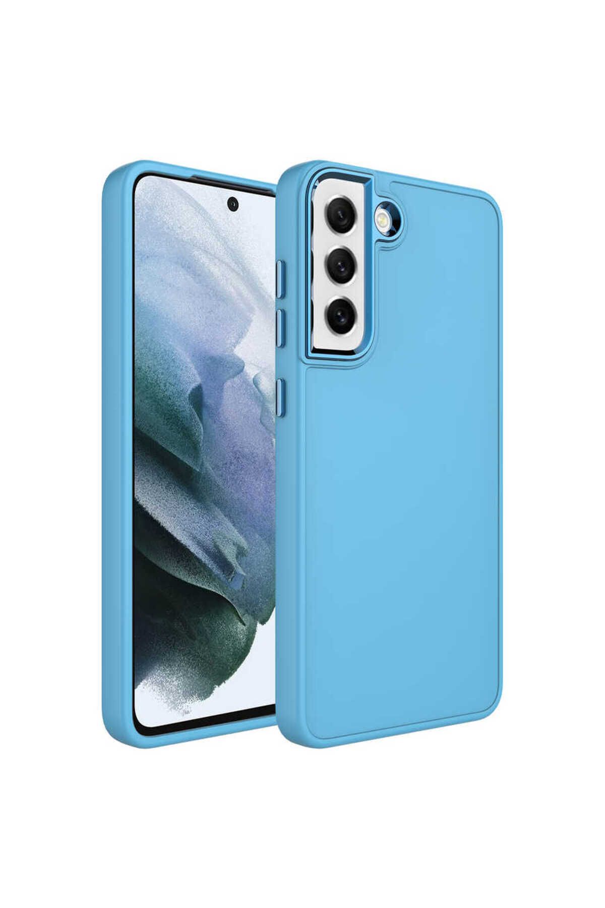 Galaxy S21 FE Uyumlu Metal Çerçeve ve Buton Tasarımlı Silikon Zore Luna Kılıf-Sierra Mavi