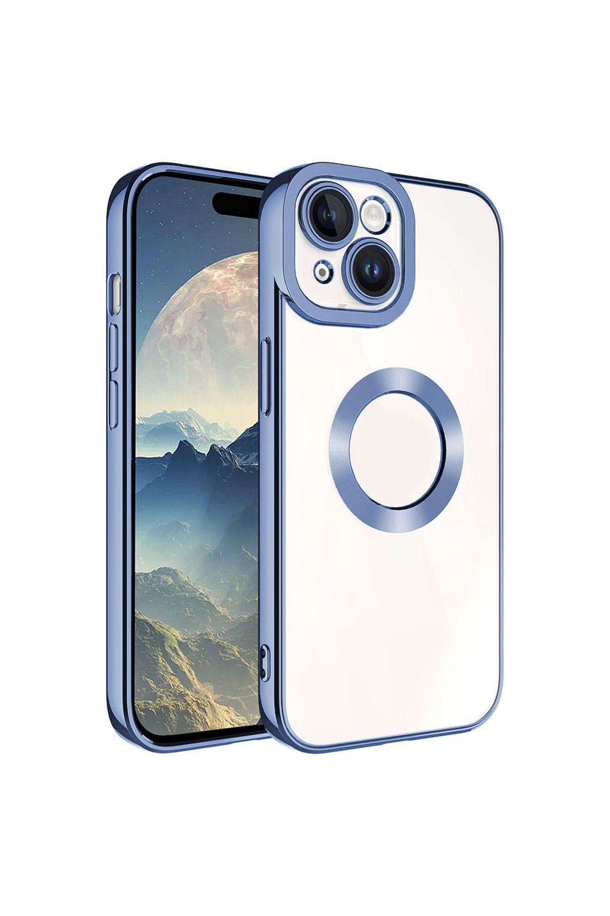 iPhone 15 Uyumlu Kamera Korumalı Logo Gösteren  Omega Kılıf-Sierra Mavi