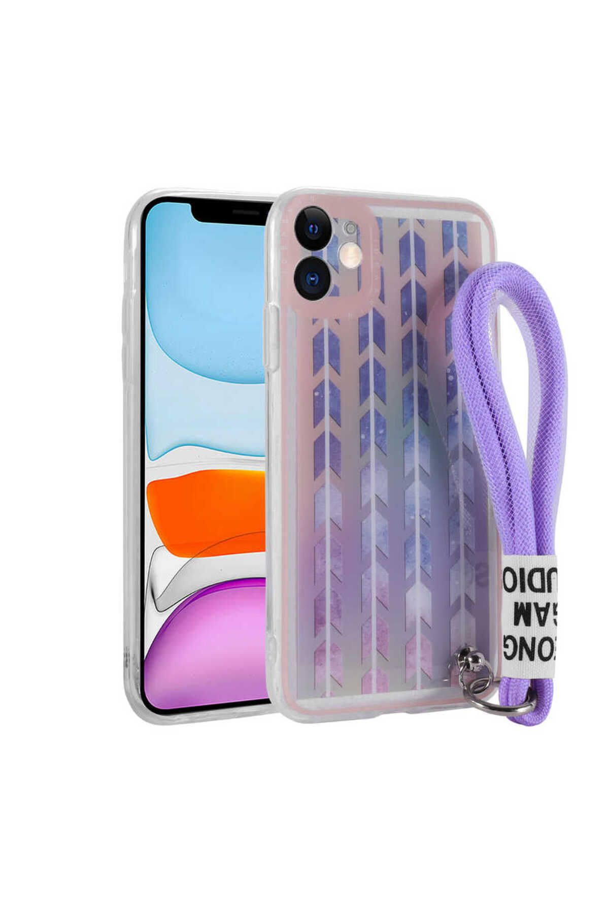 iPhone 11 Uyumlu Desenli El Askılı İpli Zore Astana Silikon Kılıf-Şerit
