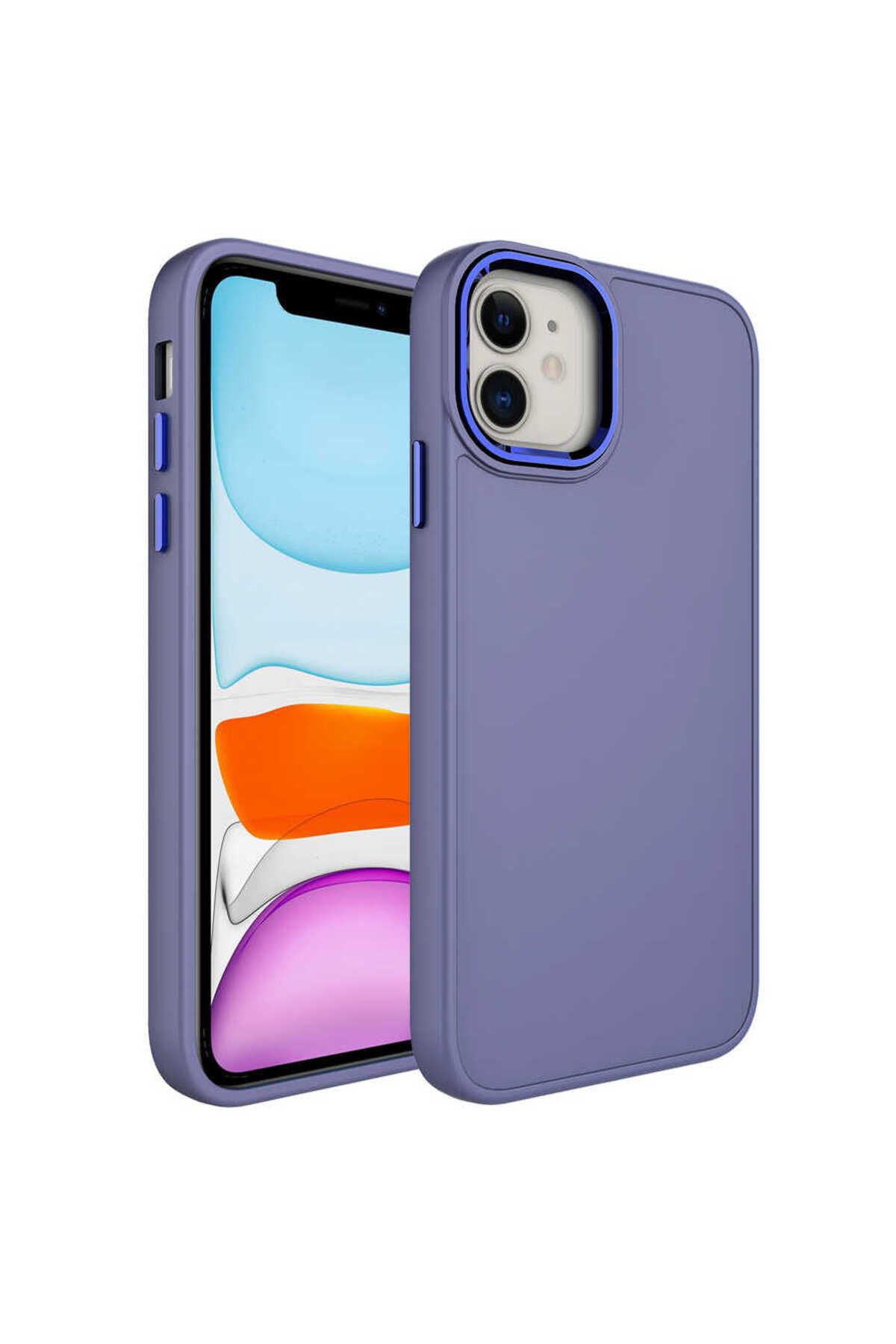 iPhone 11 Uyumlu Metal Çerçeve ve Buton Tasarımlı Silikon Luna Kılıf-Lavendery Gray
