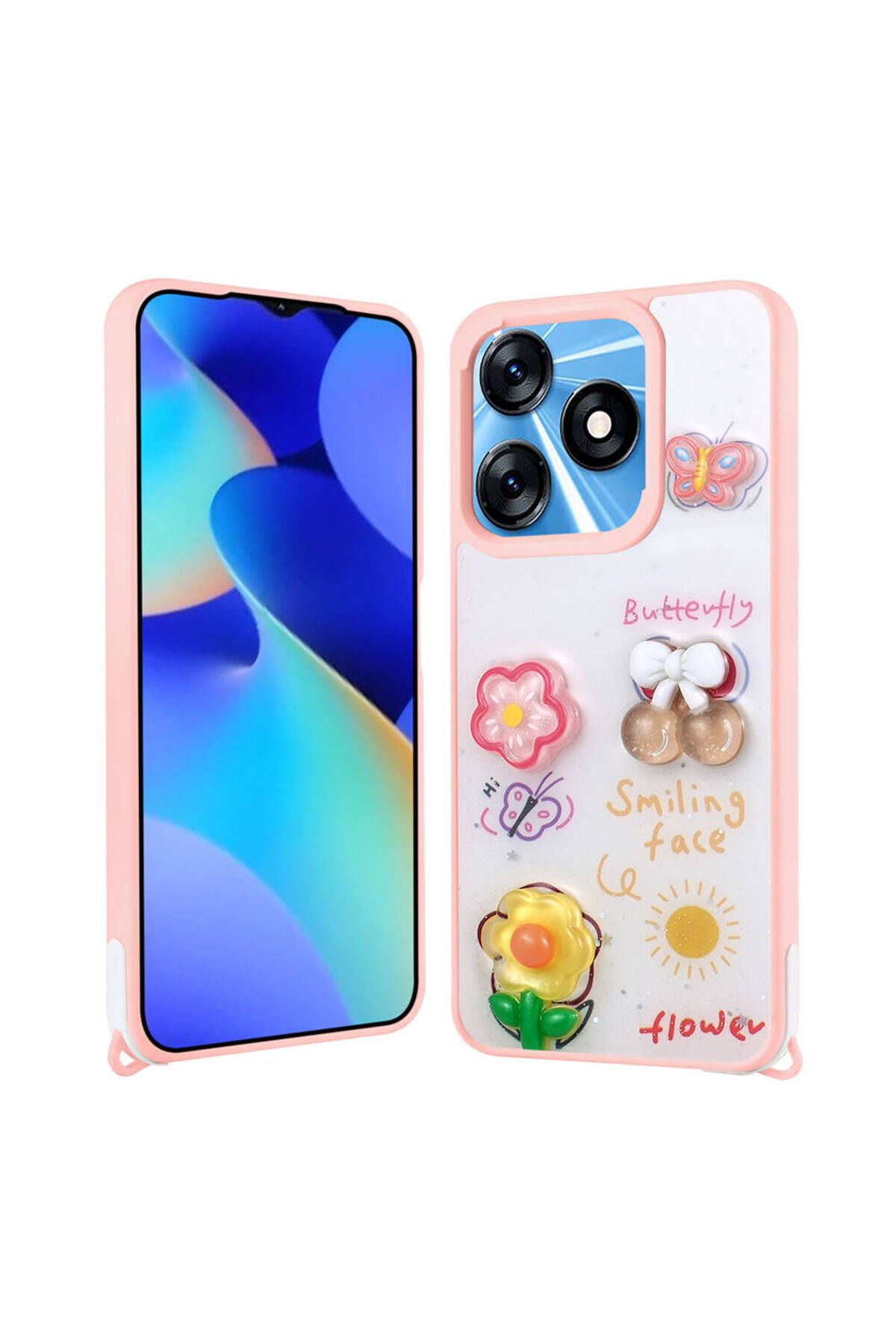 Tecno Spark 10 4G Kılıf Parlayan Sıvılı Simli Kabartma Figürlü Zore Cevze Kapak-Pembe