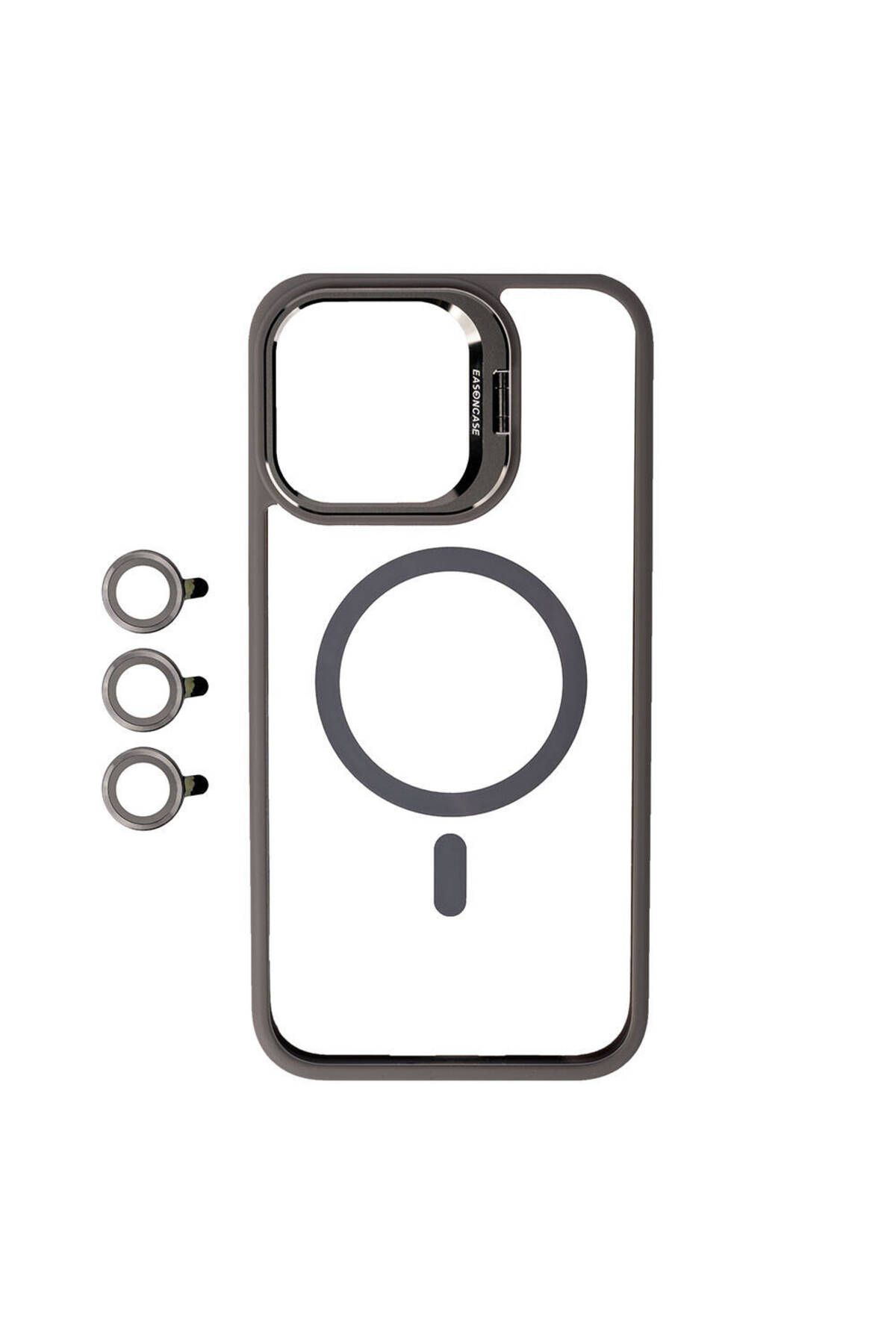 iPhone 15 Pro Uyumlu Magsafe Wireless Şarj Özellikli Standlı Zore Magsafe Klon LCSMX-li Kılıf-Gr