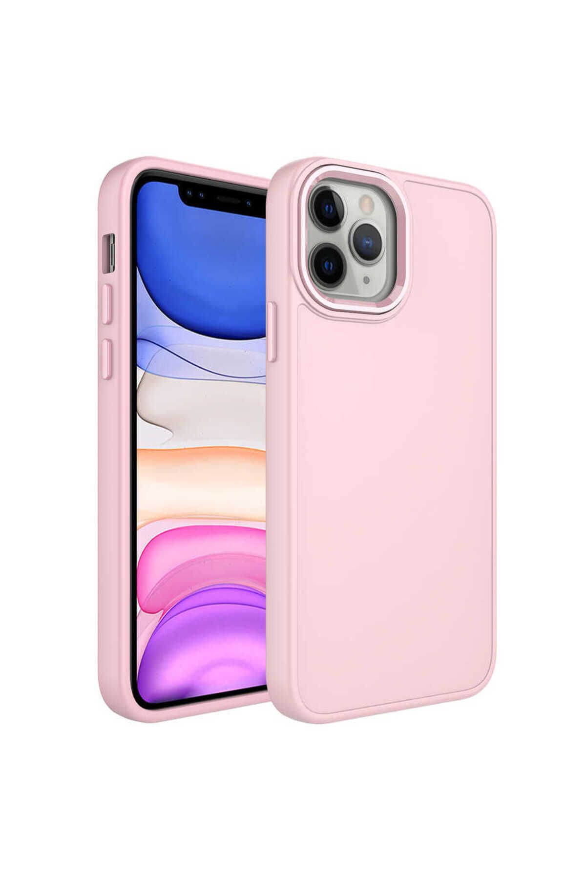iPhone 12 Pro Max Uyumlu Metal Çerçeve ve Buton Tasarımlı Silikon Zore Luna Kılıf-Pembe