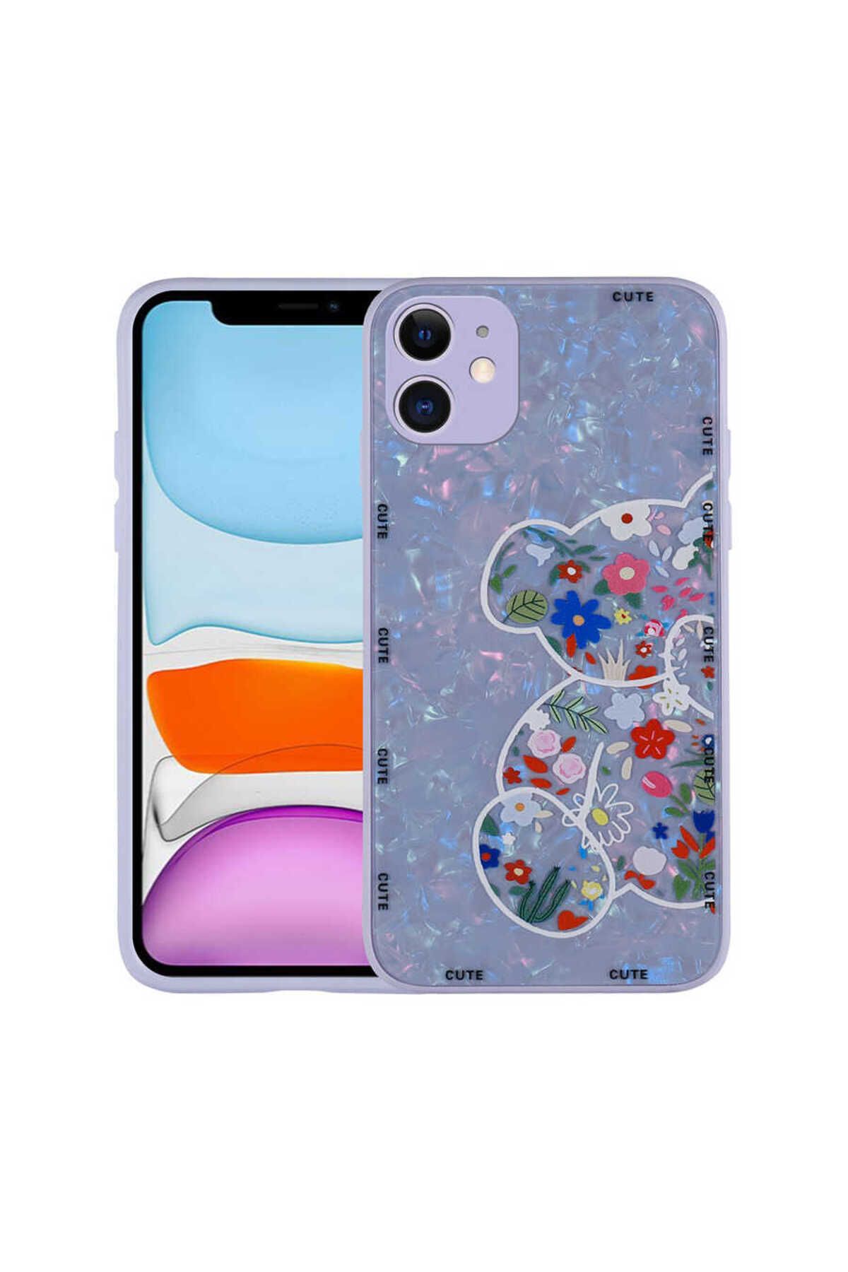 iPhone 11 Uyumlu Desenli Sert Silikon Zore Mumila Kılıf-Lilac Bear