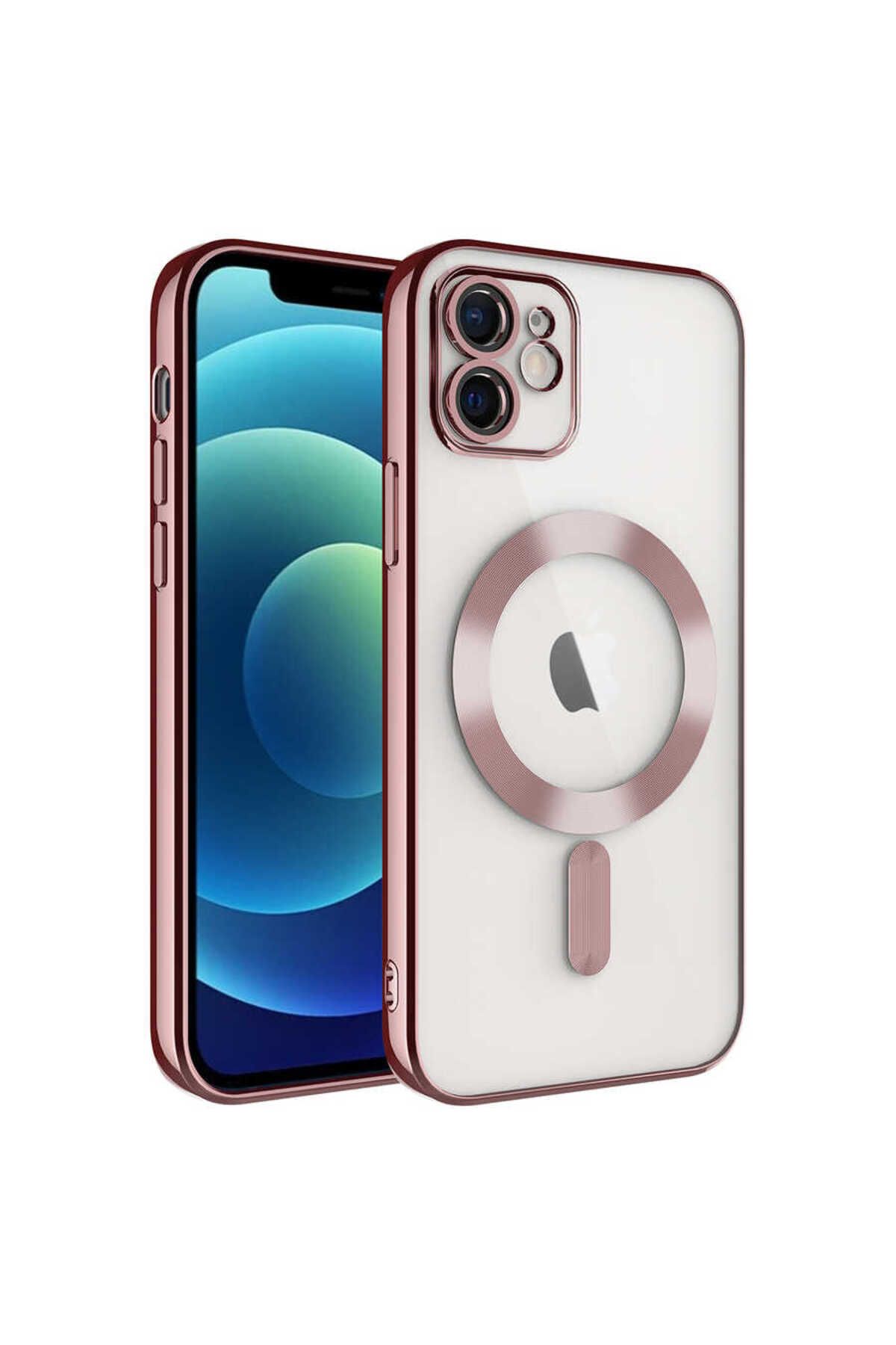 iPhone 11 Uyumlu Kamera Korumalı Magsafe Wireless Şarj Özellikli Zore Demre Kılıf-Rose Gold