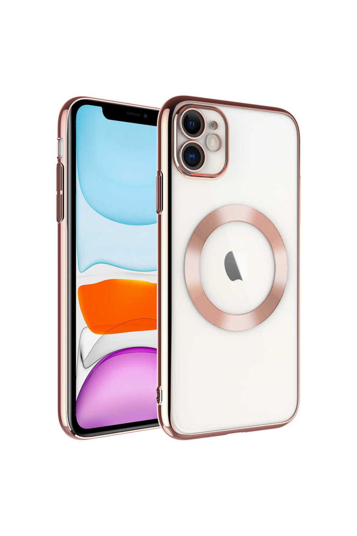 iPhone 11 Uyumlu Wireless Şarj Özellikli Sert PC Zore Riksos Magsafe Kılıf-Rose Gold