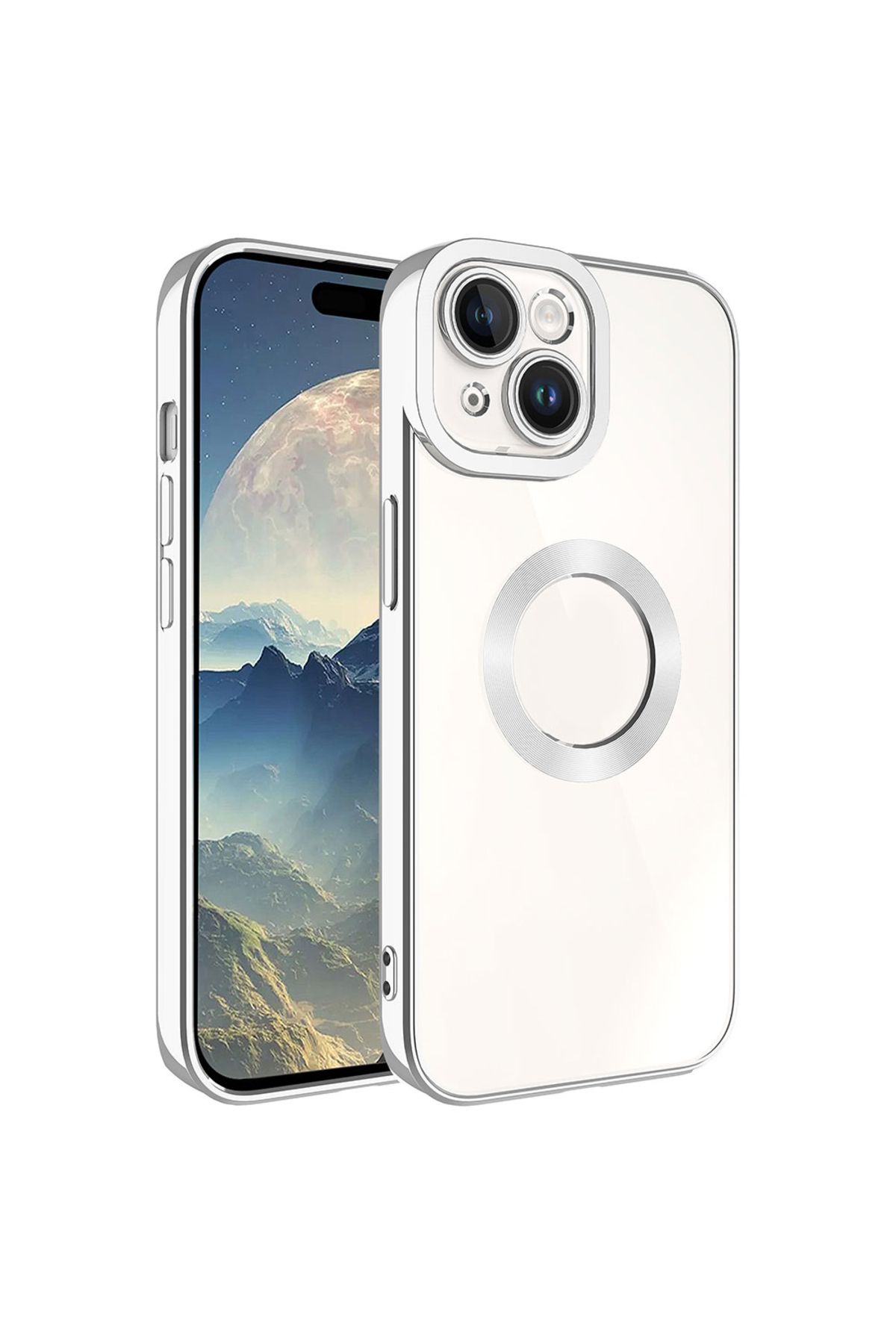iPhone 15 Uyumlu Kamera Korumalı Logo Gösteren Zore Omega Kılıf-Gümüş