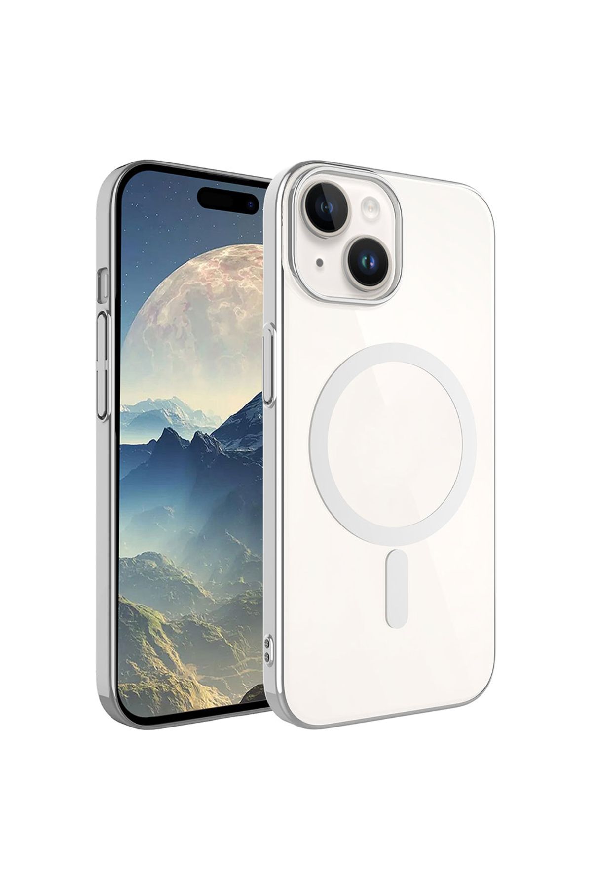iPhone 15 Uyumlu Zore Wireless Şarj Özellikli Pixel Magsafe Kılıf-Gümüş