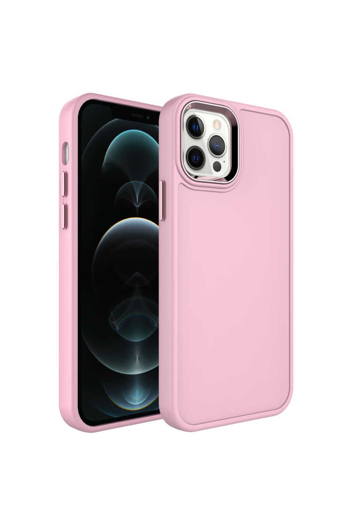 iPhone 12 Pro Max Uyumlu Metal Çerçeve ve Buton Tasarımlı Sert Zore Botox Kılıf-Pembe Açık