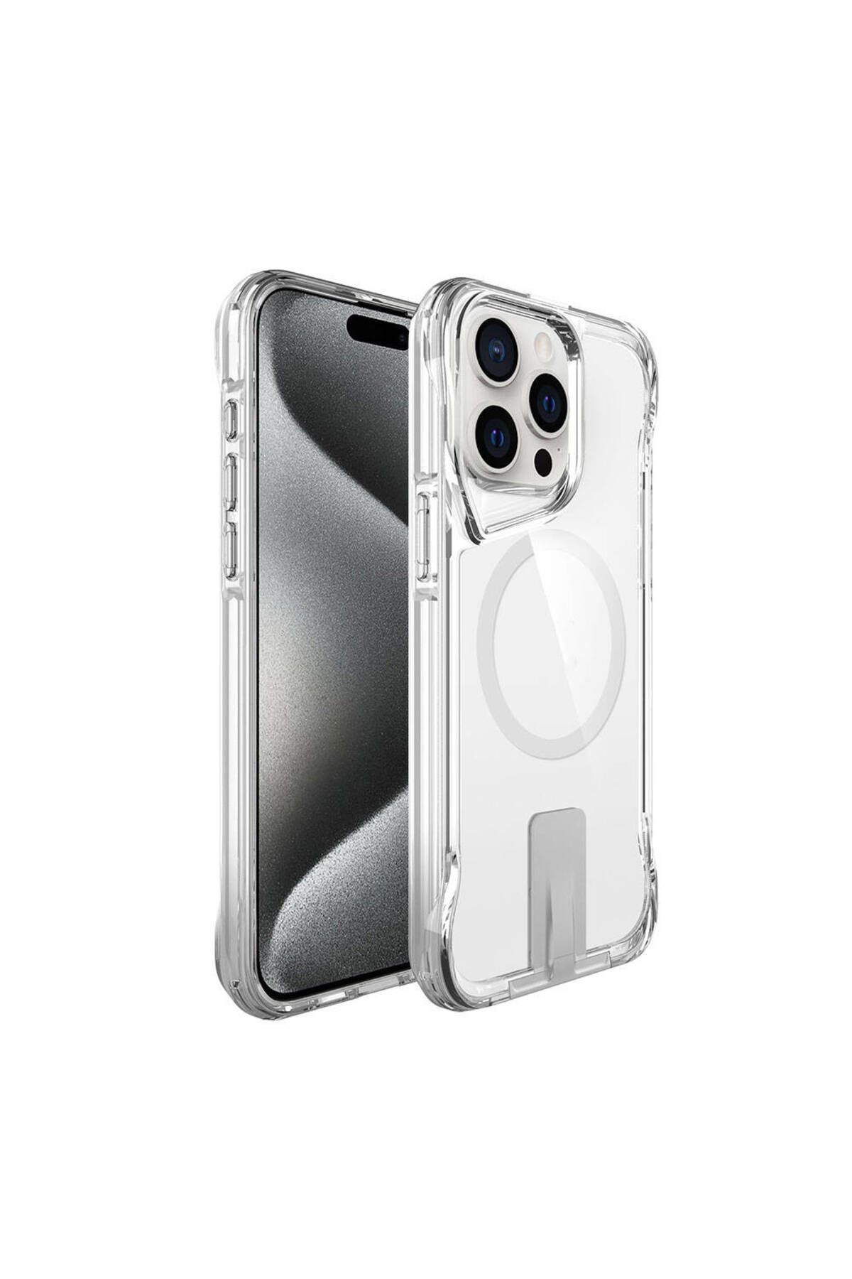 iPhone 15 Pro Max Uyumlu Magsafe Şarj Özellikli Zore T-Max Standlı Kılıf-Renksiz