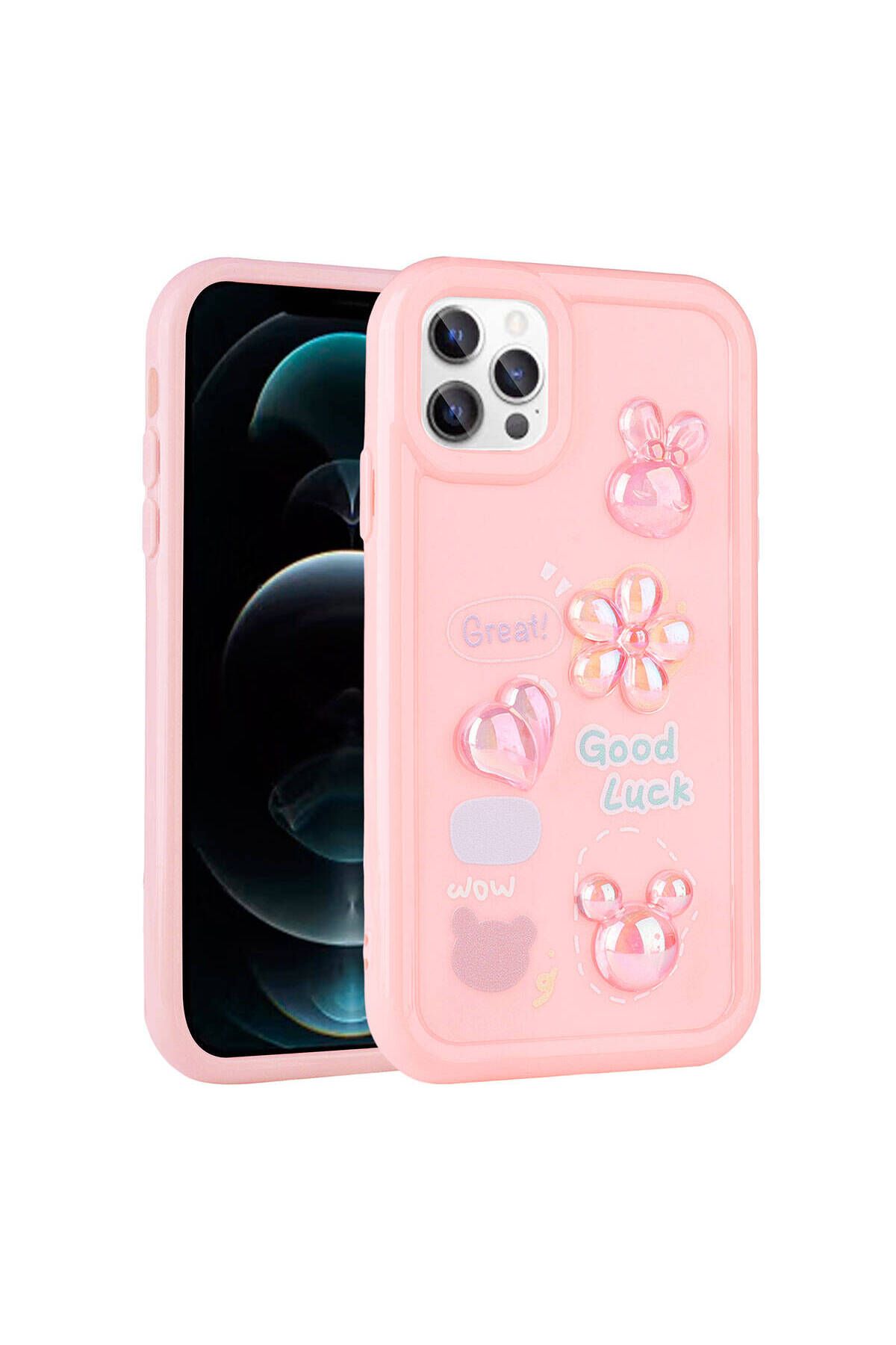 iPhone 12 Pro Max Uyumlu Kabartma Figürlü Parlak Zore Toys Silikon Kılıf-Pembe