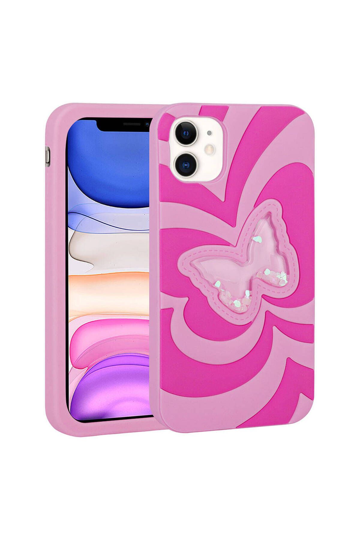 iPhone 11 Uyumlu Sıvılı Simli Kelebekli Tasarım Zore Vodena Kılıf-Pembe Koyu