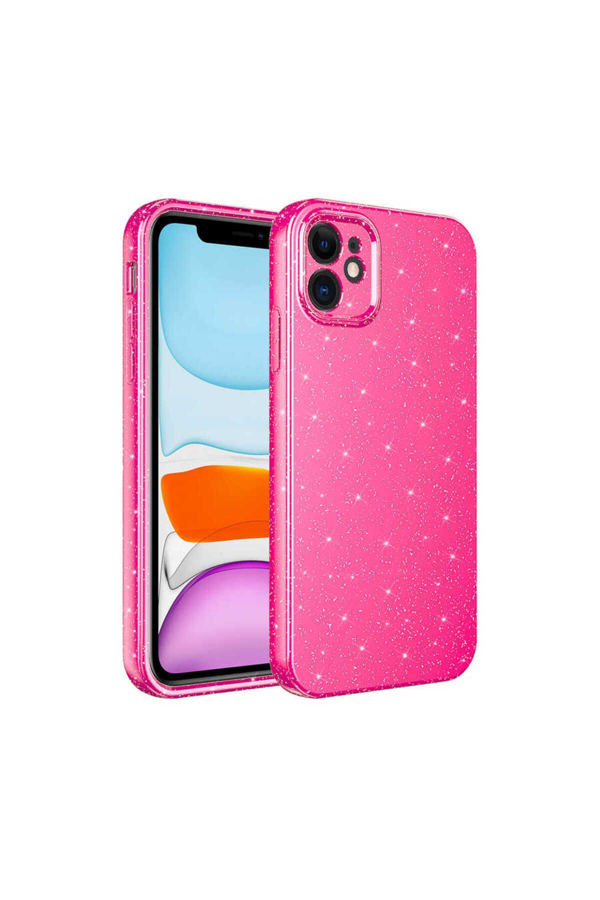 iPhone 11 Uyumlu Kamera Korumalı Simli Lüks Zore Koton Kılıf-Pembe Koyu