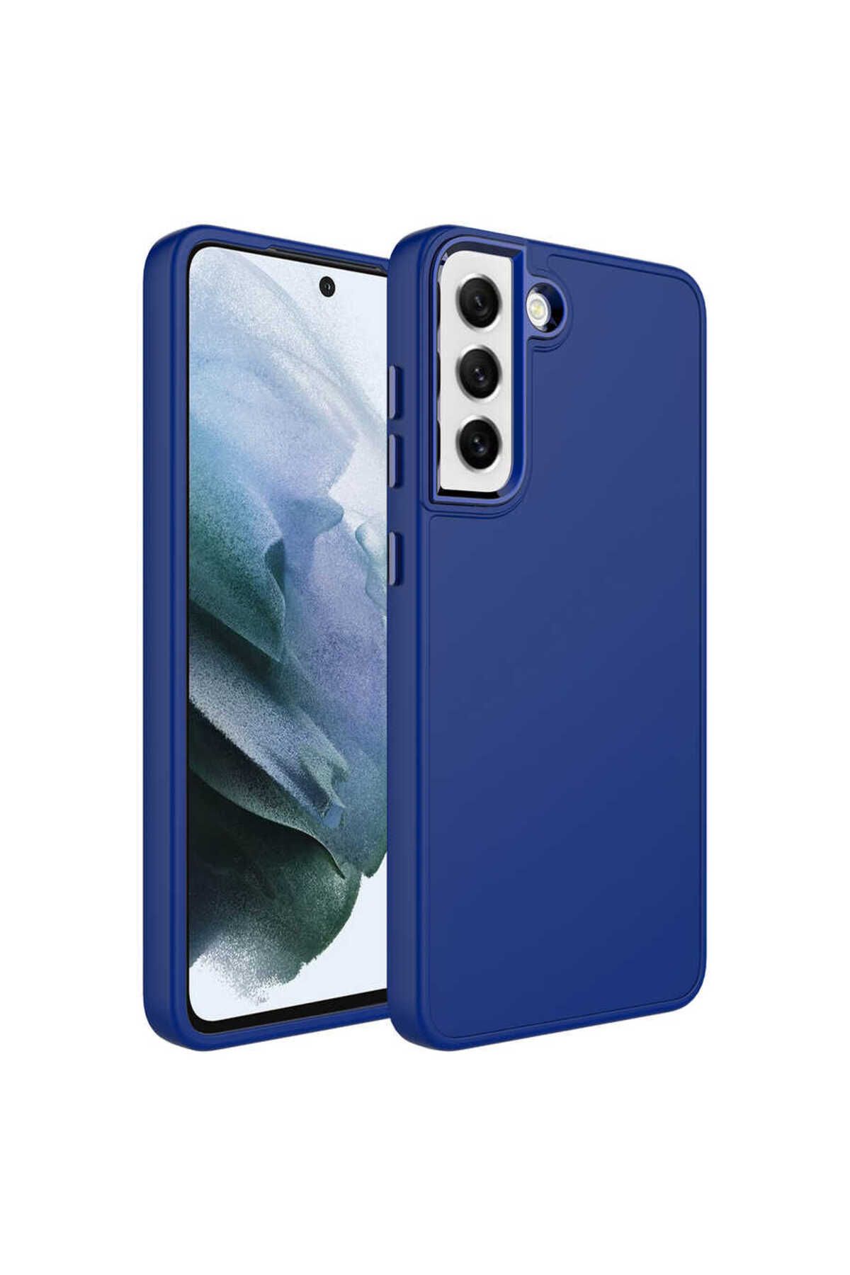 Galaxy S21 FE Uyumlu Metal Çerçeve ve Buton Tasarımlı Silikon Zore Luna Kılıf-Lacivert