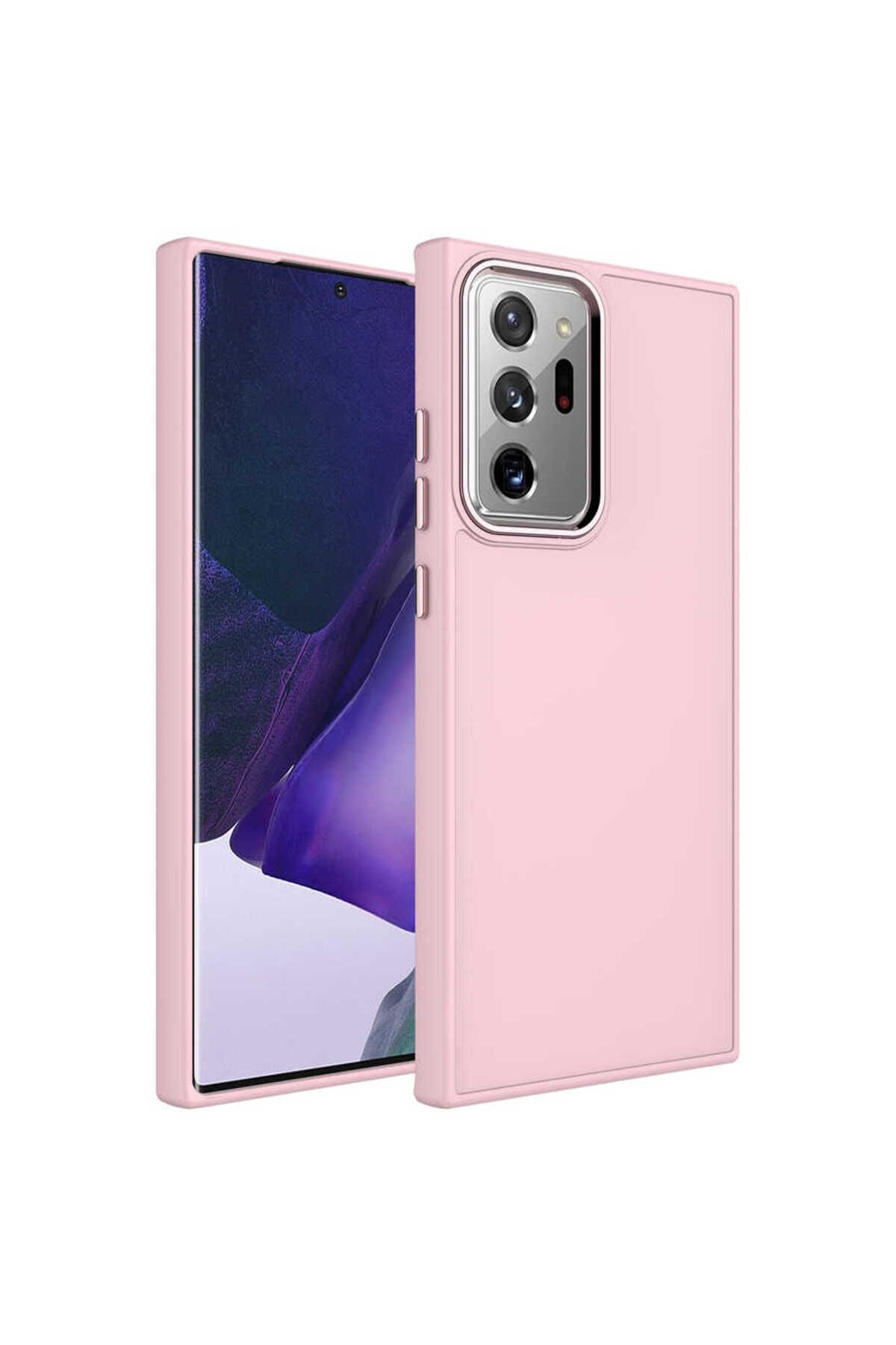 Galaxy Note 20 Ultra Uyumlu Metal Çerçeve ve Buton Tasarımlı Silikon Zore Luna Kılıf-Pembe