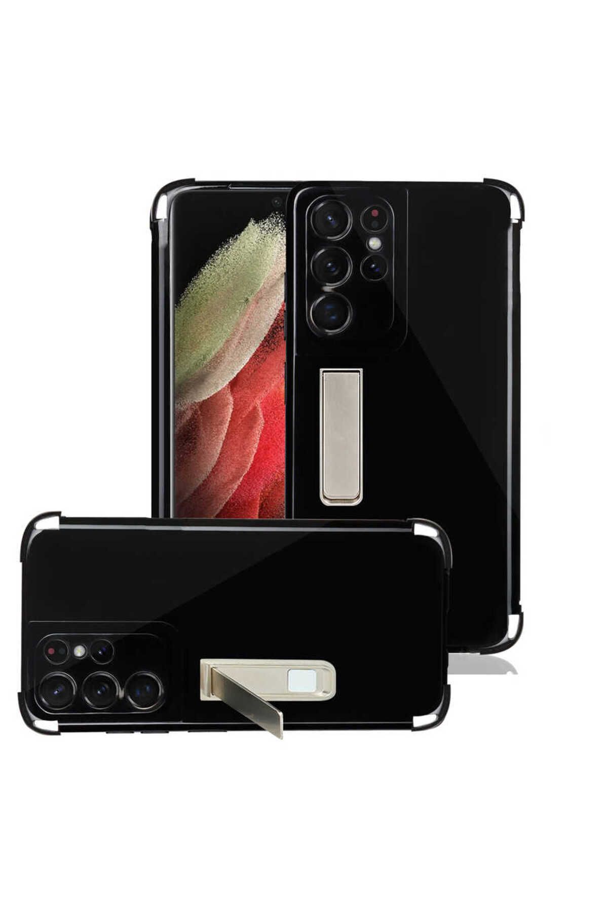 Galaxy S21 Ultra Uyumlu Zore Standlı Süper Silikon Kılıf-Siyah